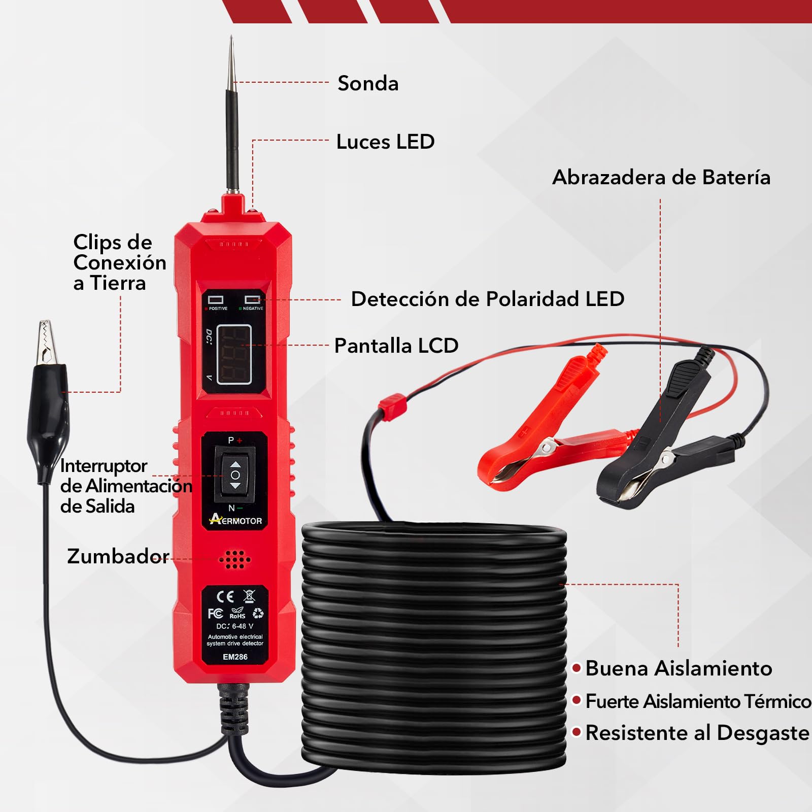 CarBole Probador de Circuito Eléctrico 6-48V,Con Sonda LED,Cable 4m (13 Pies),Protección Contra Sobrecargas,Probador de Cortocircuitos,Identificación de Polaridad