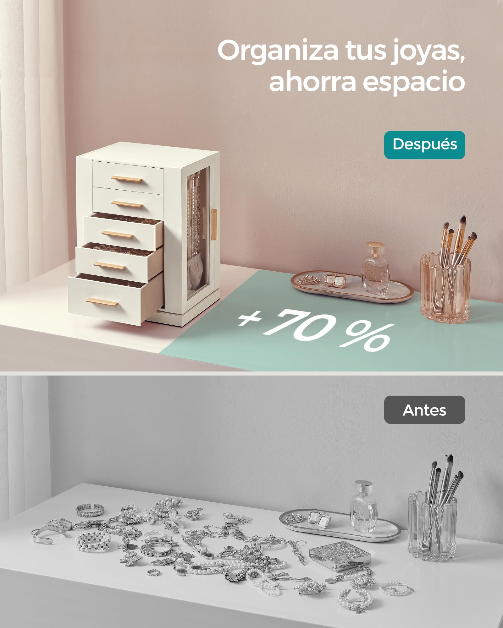 SONGMICS GISELLA Caja Joyero Giratorio 360° 5 Cajones Ventanas de Cristal Blanco Nube JBC170W01