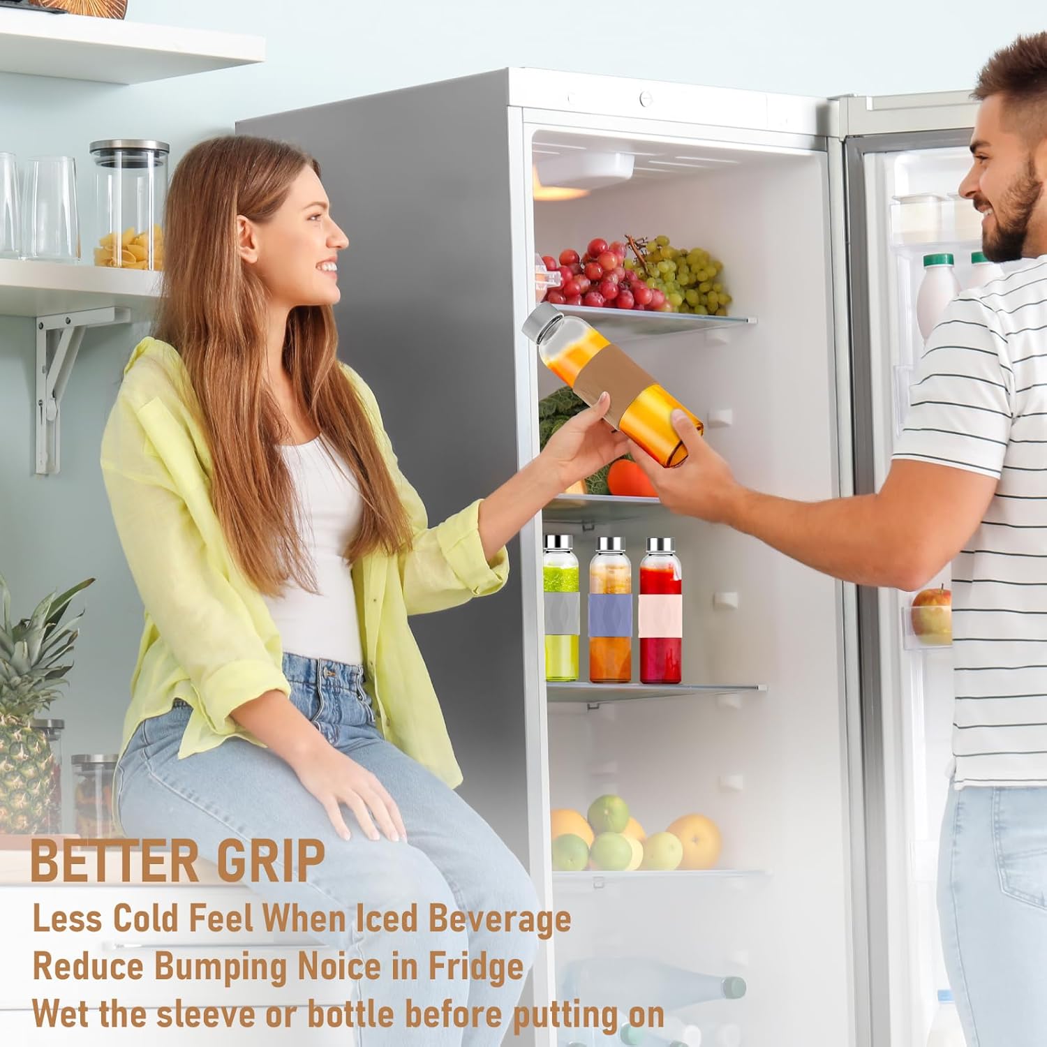 Zukro 18 oz Glass Water Bottles with Lids, 6 Pack Leak Proof Juice Bottles With Stainless Steel Cap for Juicing, Smoothie, Homemade Beverages Container, Reusable Drinking Jar with Grip Band, BPA Free - Image 2