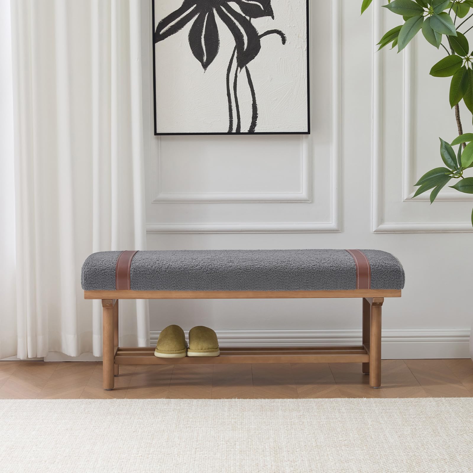Bekrvio Wood Shoes Bench, Indoor Hallway Bench with Storage Shelf, Teddy Fleece Upholstered Chaise Lounge with PU Straps for Living Room, Hallway, Bedroom (112CM in long Dark Grey)