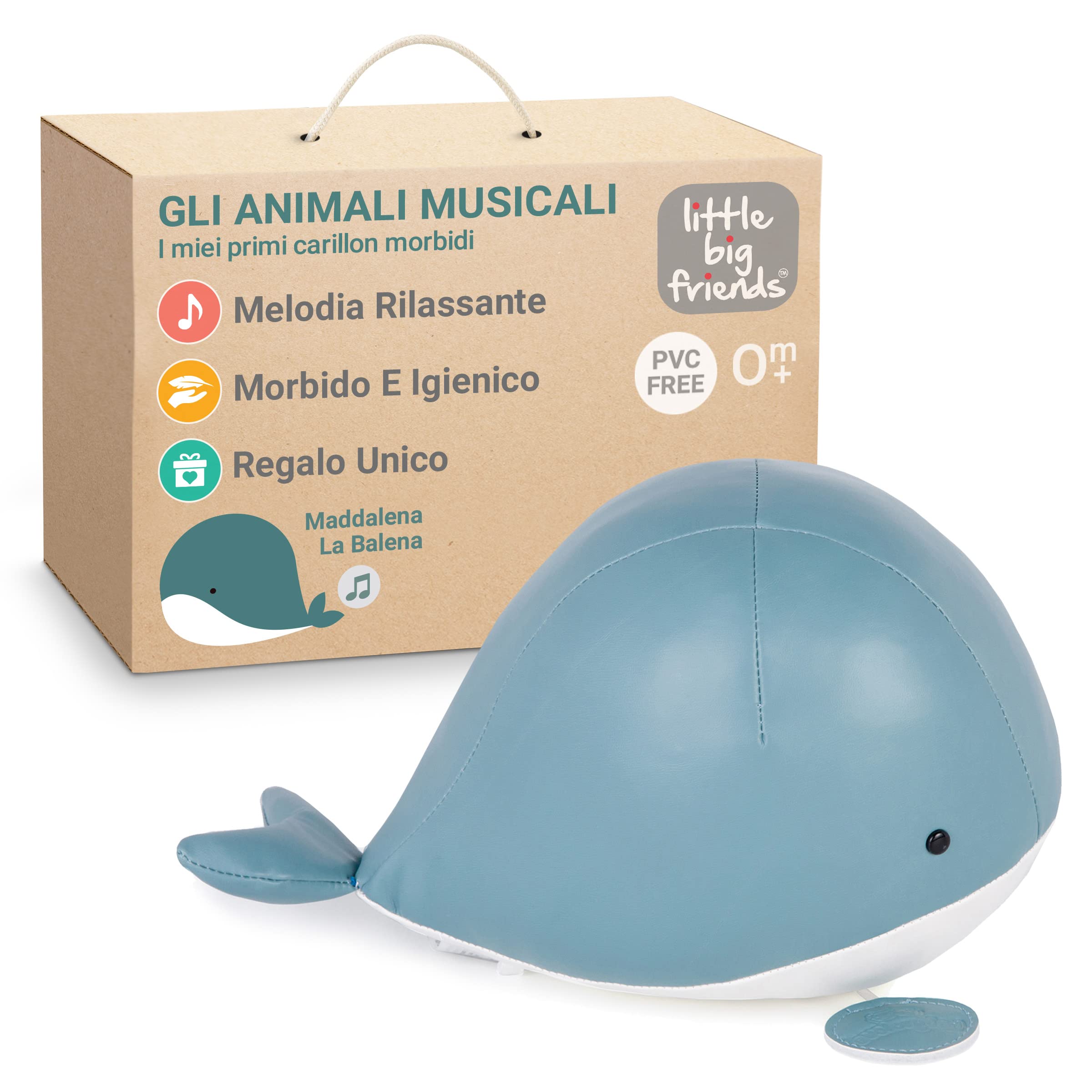 Little Big Friends peluche musicale a carica | Pupazzo tira-cordicella con ninna nanna | Morbido, facile da pulire, per neonati | Sostiene udito e motricità fine | Madelaine la Balena - 1