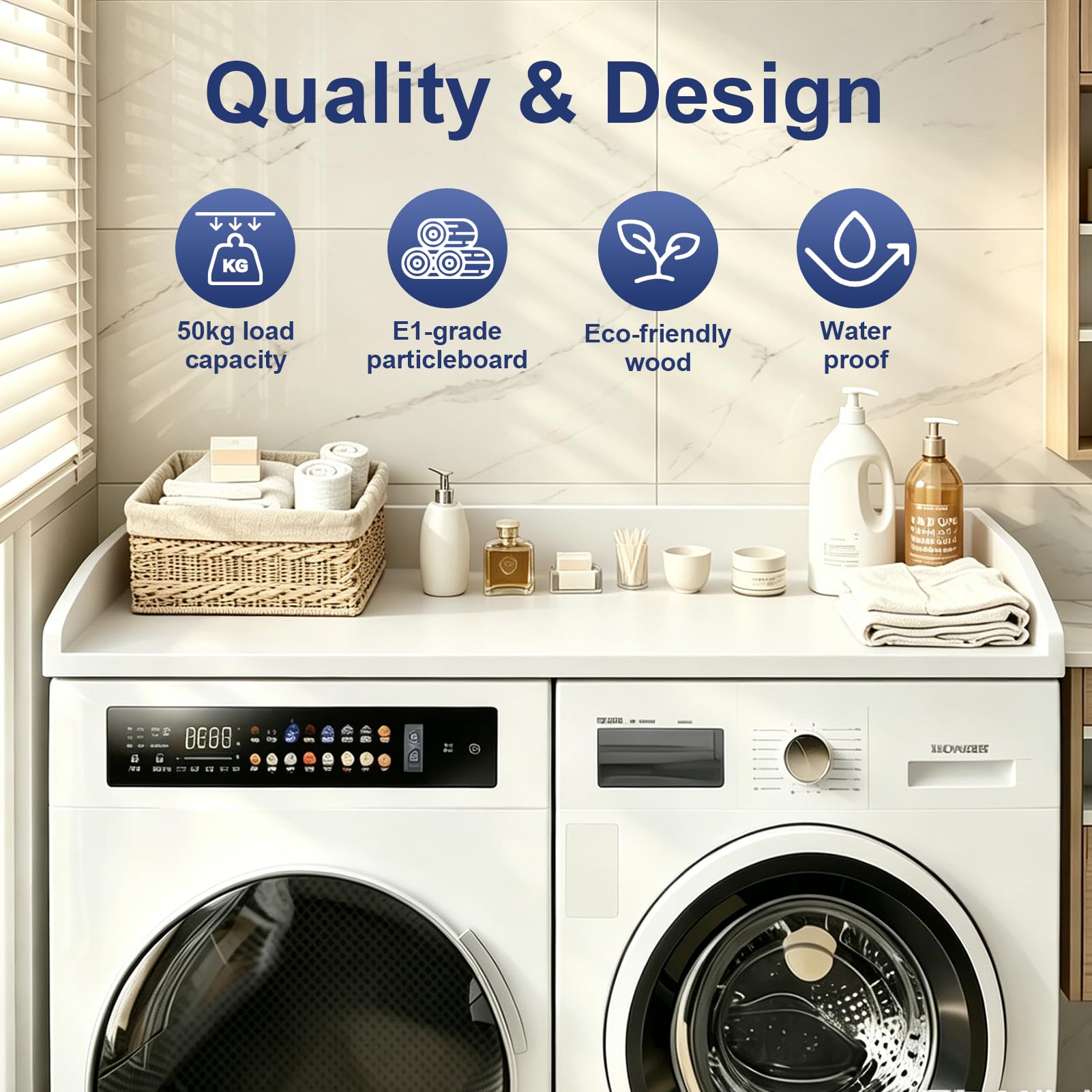 Arbeitsplatte Waschmaschine Trockner, Waschmaschinen Auflage Holz, Wasserdicht & Schneller Aufbau, Laundry Countertop für Waschmaschine & Trockner,bis 50 kg, 120×60×7.5cm (Weiß)
