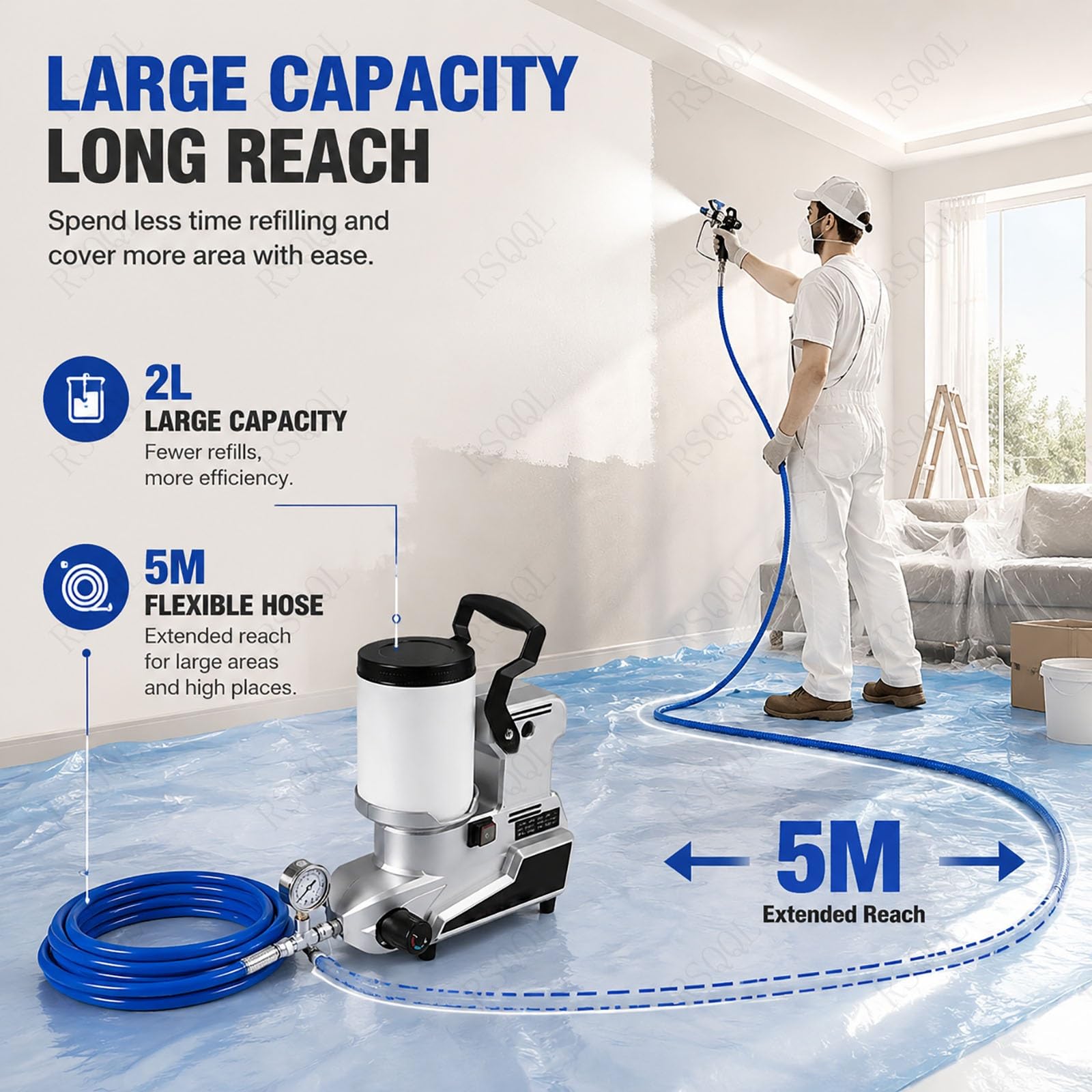 Pulverizador Airless Profesional de 1600 W, 0-850 RPM, con Tanque de 2 L y Manguera de Alta Presión, Caudal de 2500 ml/min, Uso doméstico