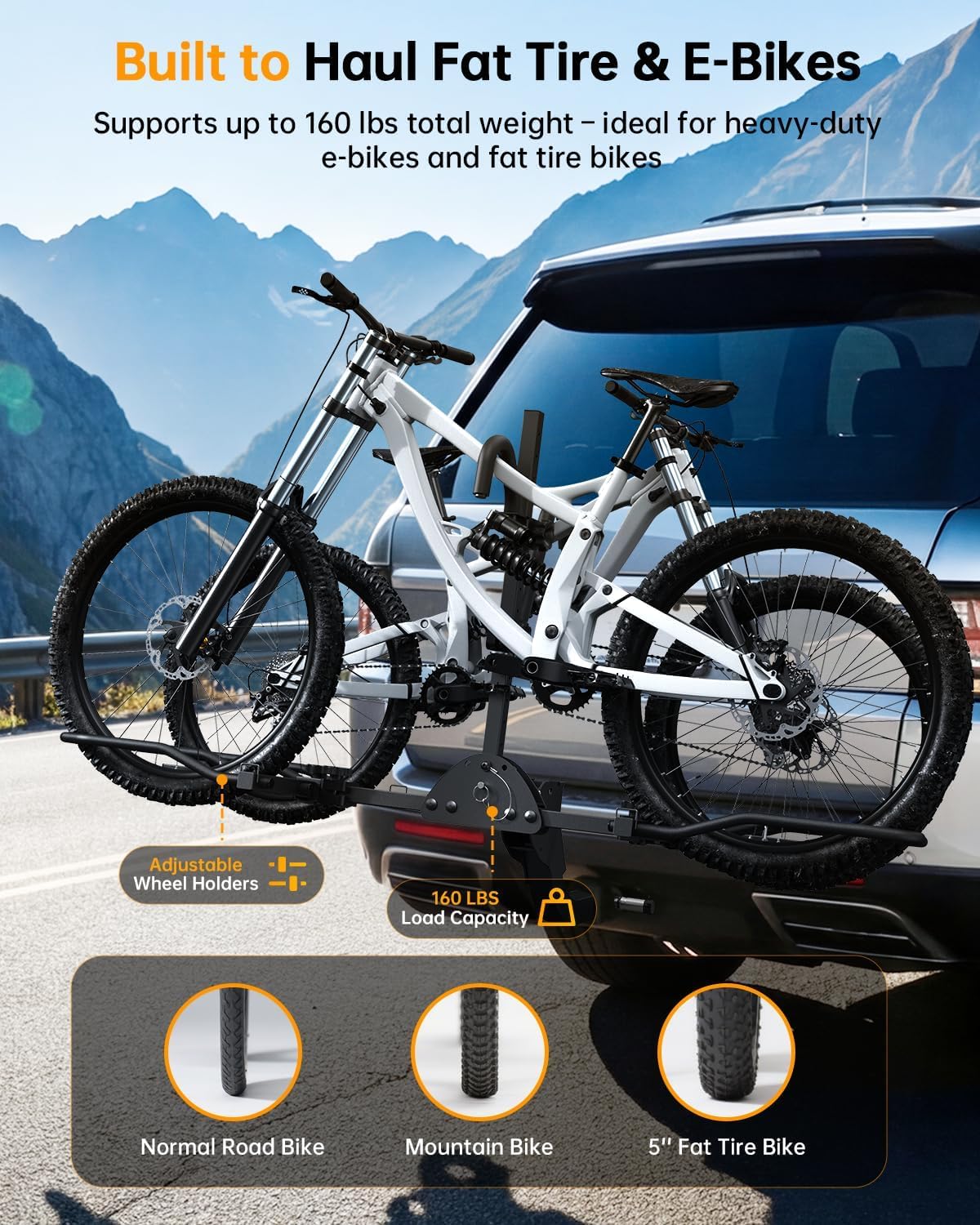 Bike Rack Hitch for Car, 160 lbs 2-Bike Racks for Tow Hitch for Car Truck SUV RV with 2 Inch Receiver, Flodable Bike Rack Hitch Mount Fits Up to 5 Inch Fat Tire