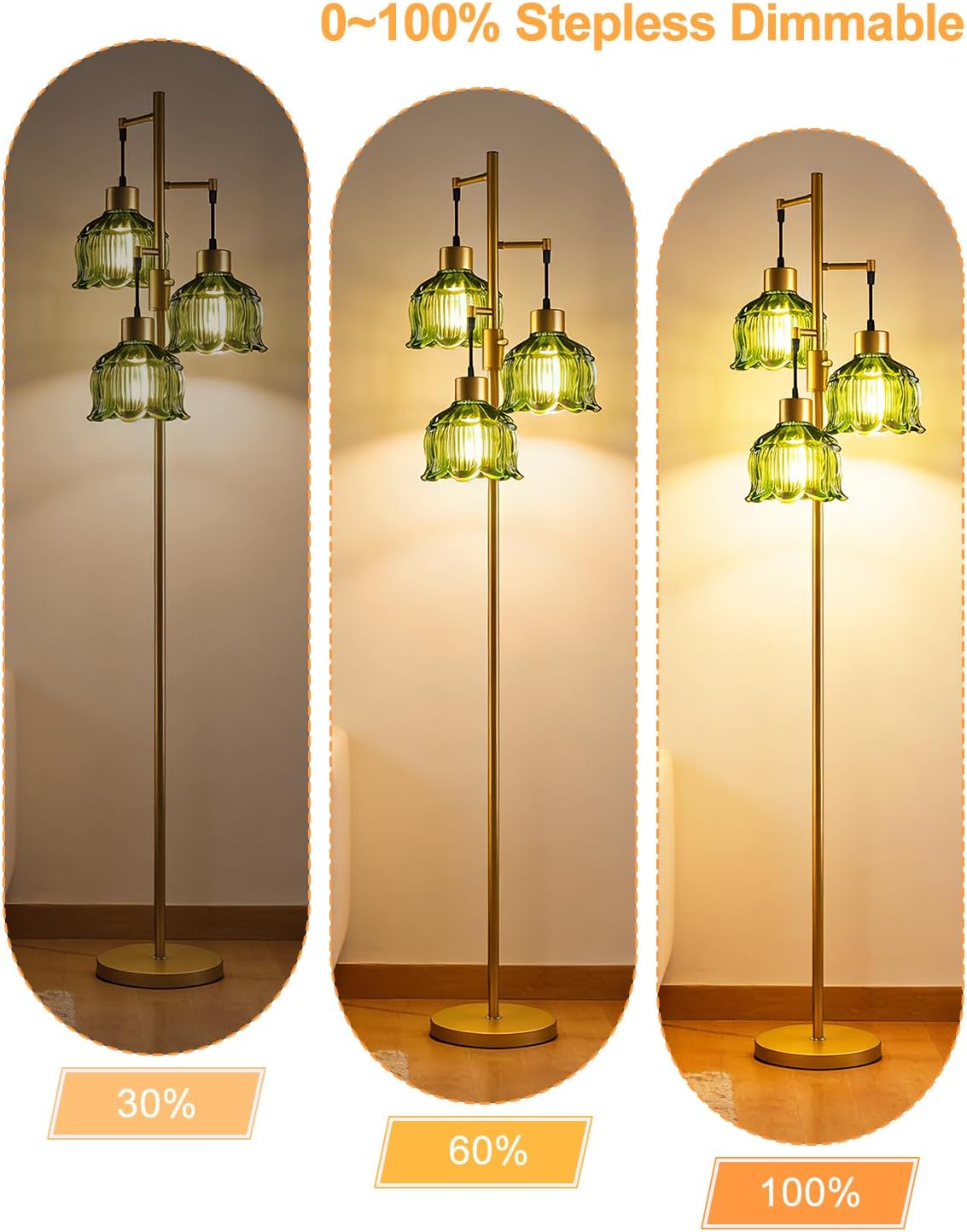 Gold Floor Lamps for Living Room, 3-Light Dimmable Floor Lamp with Green Glass Shade& E12 Bulbs Included, 65'' Mid Century Tall Standing Lamp for Bedroom/Sofa Beside/Corner Decor