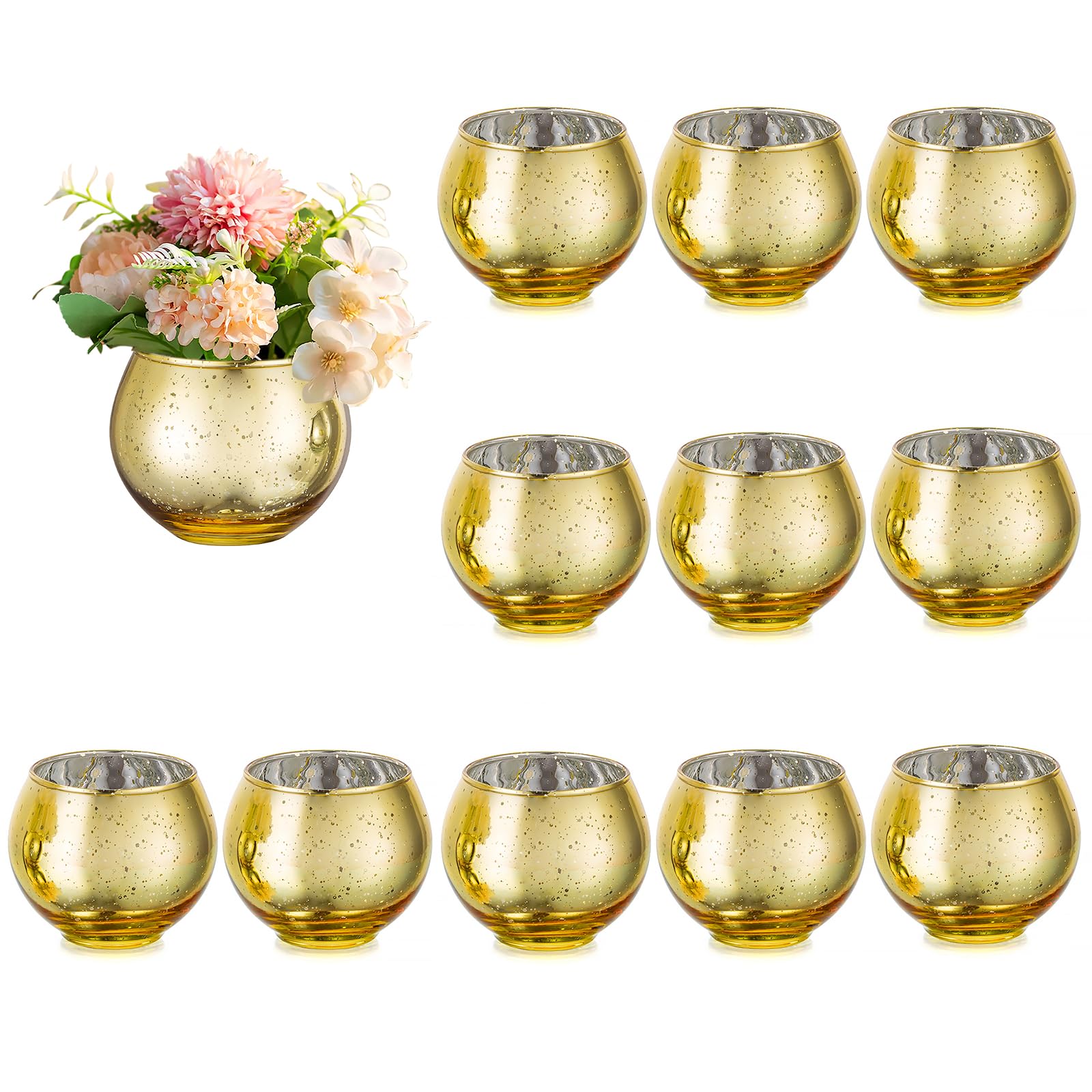 Small Gold Round Vases for Centerpieces, Hewory Glittery Bowl Vase Candle Holders for Tealights or Floating Candle, Bling Mirror Flower Vase for Wedding Anniversary Events Party Table Decor, 12pcs