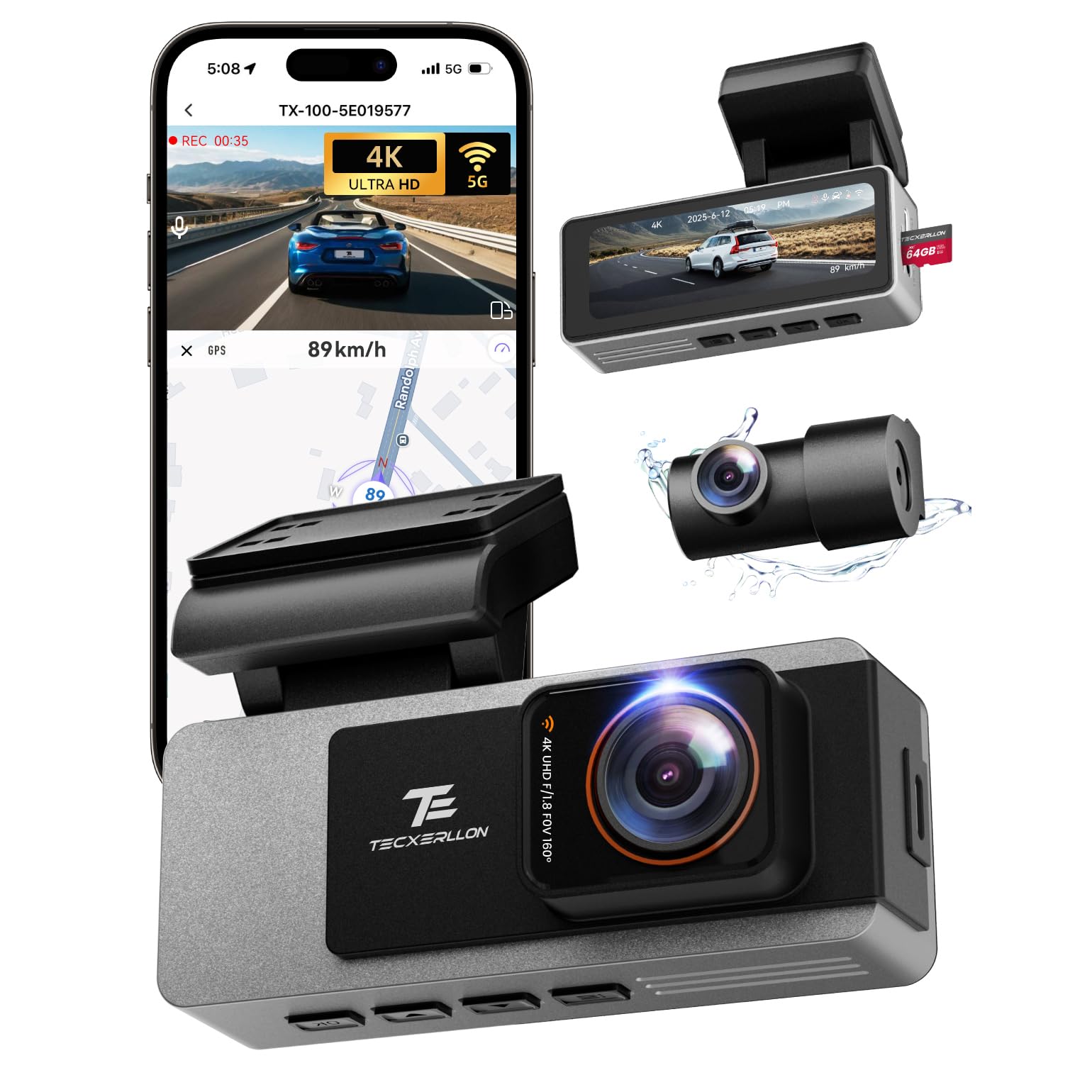TECXERLLON Caméra embarquée avant et arrière, double caméra de tableau de bord 4K, caméra de tableau de bord pour voiture avec vision nocturne étoilée, grand angle 160° avant et arrière 150°, GPS, WDR