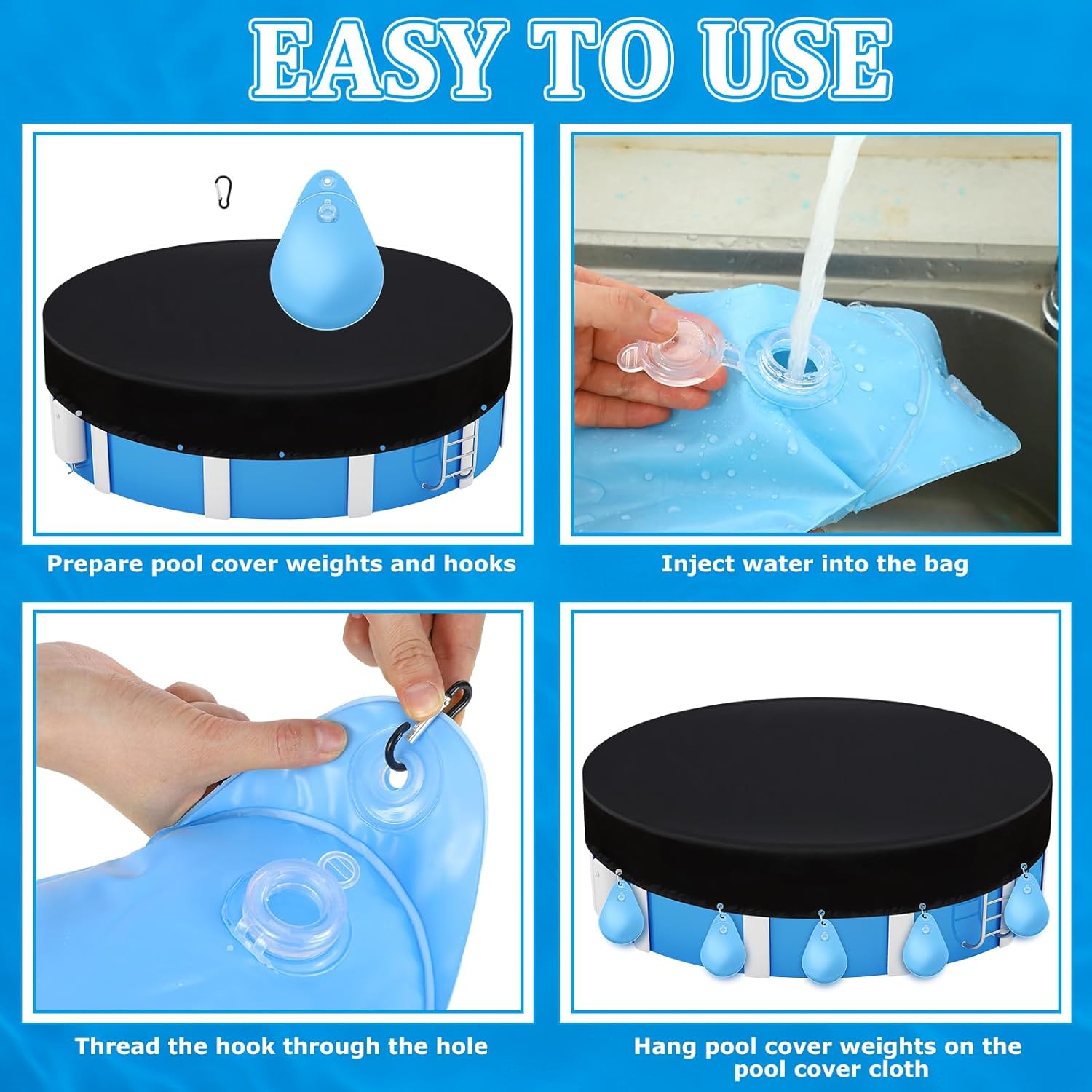 Hungdao 12 Pack Pool Cover Weights with Hooks Above Ground Hanging Water Bags Leakproof Thick PVC Swimming Pool Cover Tarp Weights Winter Antifreezing for Above Ground Closing Kit, 13.5 x 9 Inch