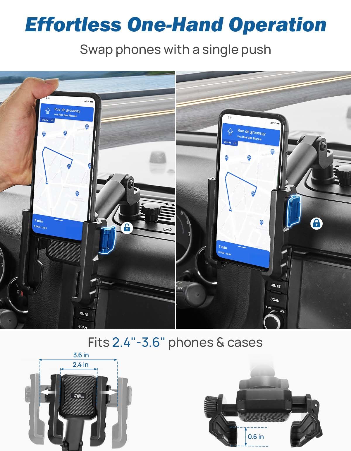 JOYTUTUS Supporto per telefono in metallo compatibile con Wrangler JK 2007-2018 (non compatibile con Wrangler JL 2018) | Piattaforma di espansione per supporto telefono su misura | Clip regolabile con