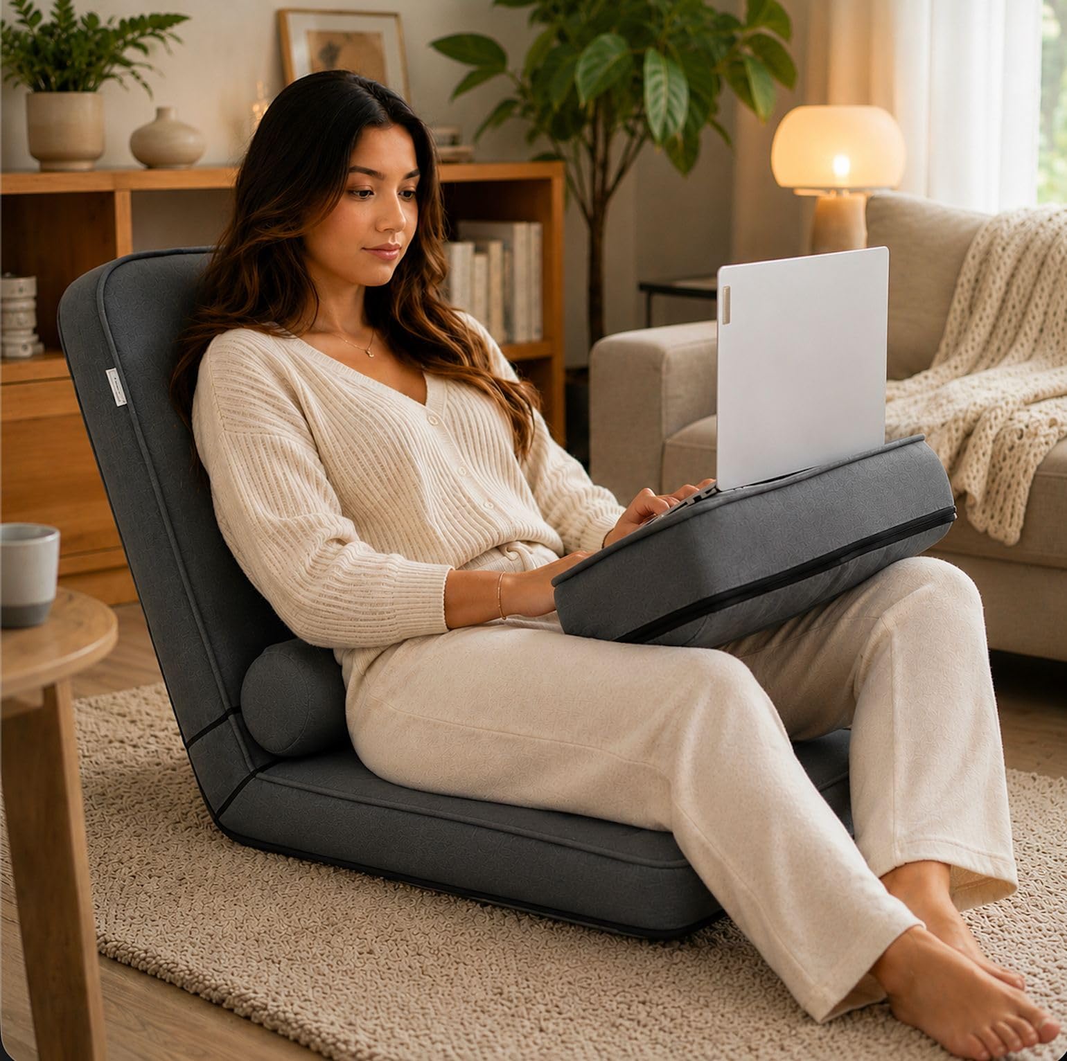 Kawachi Multipurpose Recliner Laptop Table with Foldable Portable Floor Chair – Adjustable Cushion Seat with Ergonomic Backrest for Work, Gaming, Relaxation, Reading, and Home Office Use – Grey-image-43