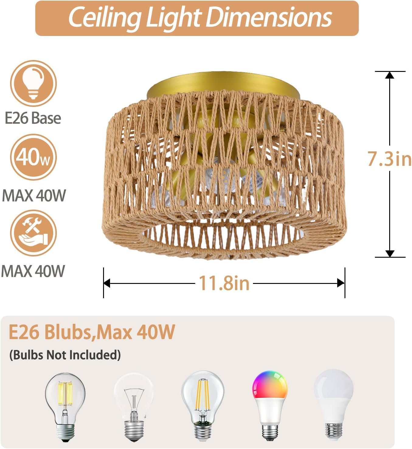Rattan 3-Light Ceiling Light Fixture, Boho Flush Mount Ceiling Light, Modern Ceiling Light with Hand-Woven Shade for Bedroom Living Room Enterway Foyer