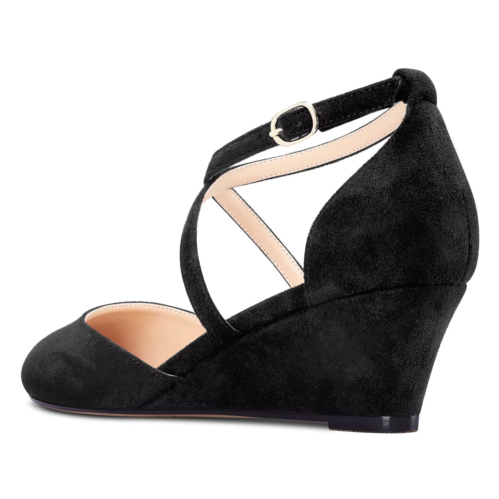 HDEUOLM Mujer Medio cuña Esparto Cerrado el Dedo del pie Redonda Punta Sandalias Correa Tobillo Correa Cruzada Cierre con Hebilla Pumps de Boda Oficina 5 CM Heels Zapatos