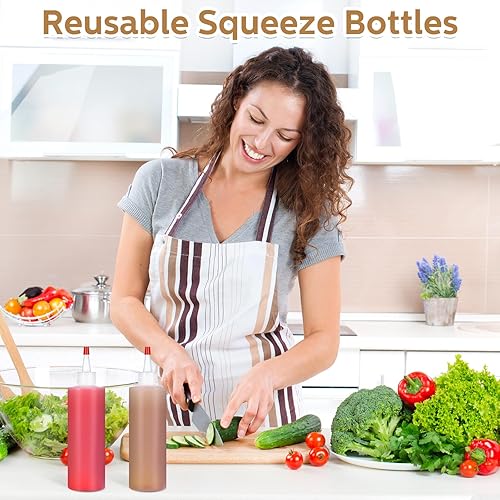 Miniatura 7 de Jinei Paquete de 60 botellas de plástico de 8 onzas, botellas transparentes para exprimir condimentos con tapa de punta roja, recipiente vacío para