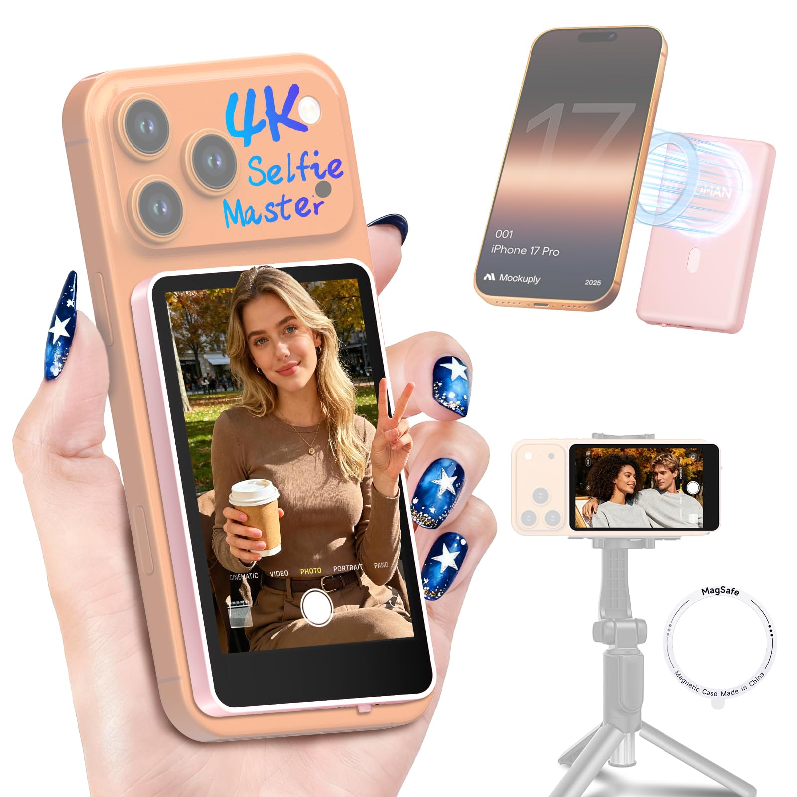 Moman Vlog Selfie Monitor Screen with 4K 60fps &amp; Encrypted Private Wireless for iPhone 7-17 Series, Magnetic Back Camera Monitor, P2P Link, 164 ft Range for TikTok, YouTube, Vlogging (Pink)