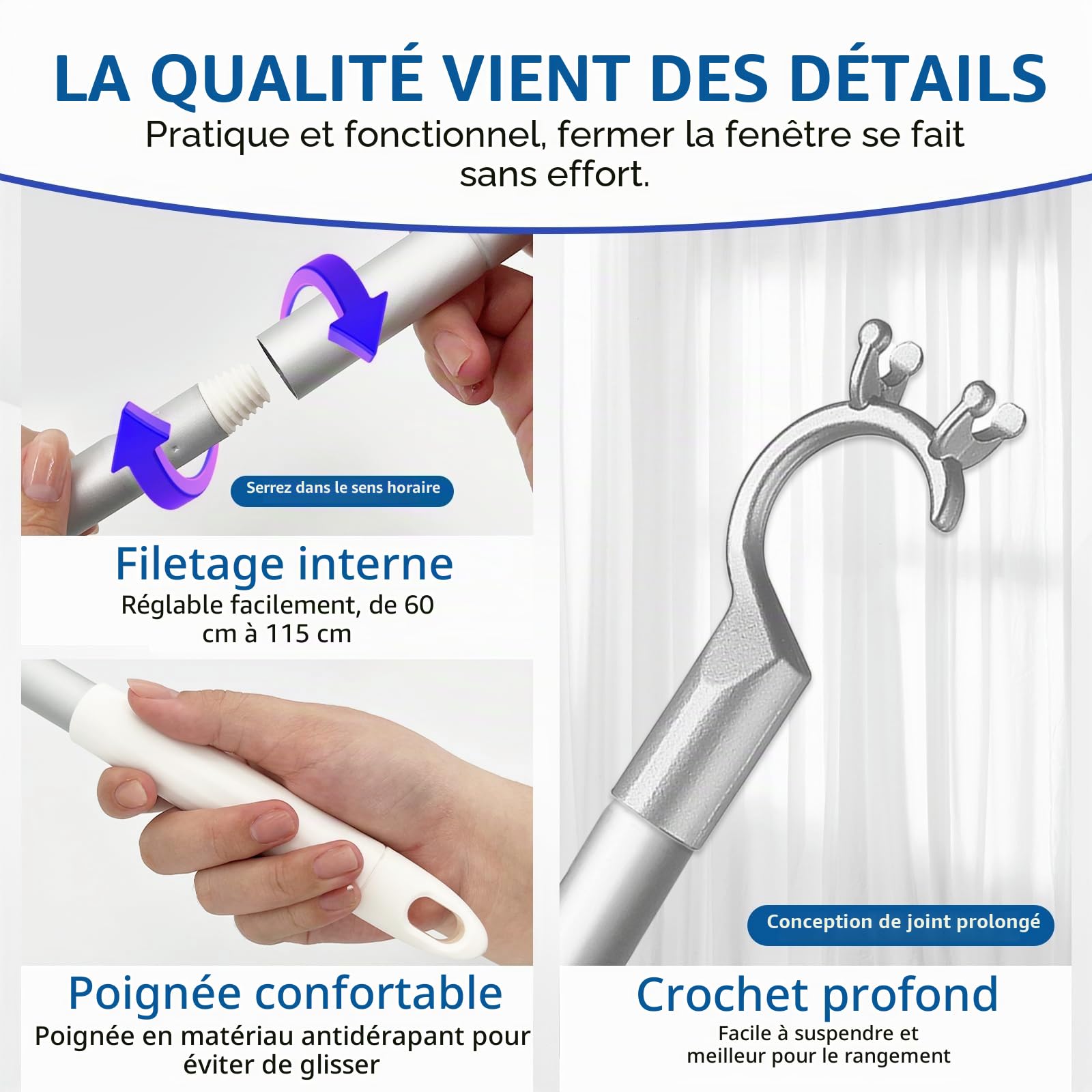 Perche avec Crochet pour Ouverture de Lucarnes - Tige 115 cm avec Crochet Argent Idéale pour Fenêtres Velux et Lucarnes Inaccessibles, Facile à Installer, Utiliser en Toute Sécurité Pratique et Stable