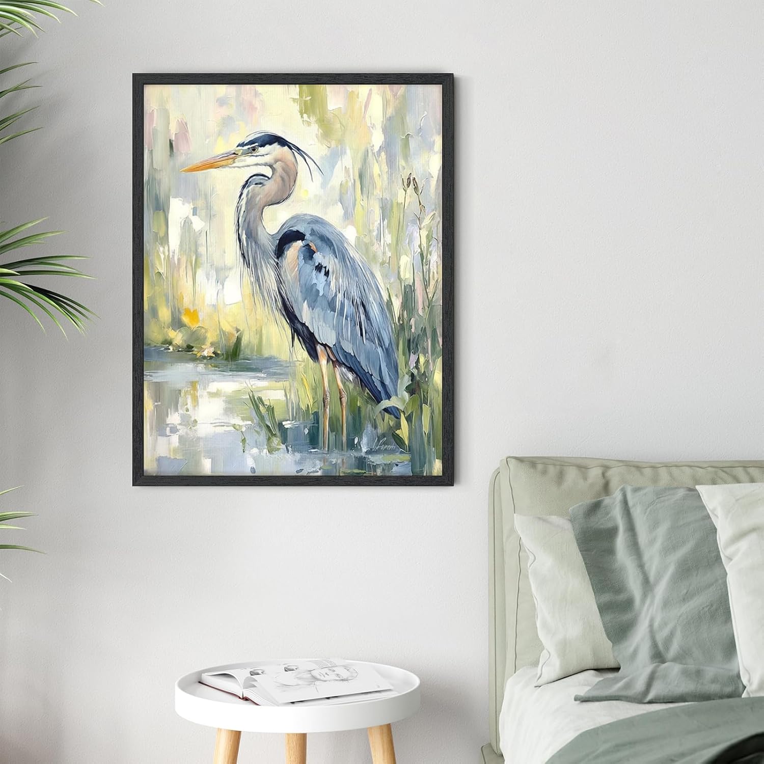 KJMVSEW Great Blue Heron Wall Art Prints Elegant Bird Posters Coastal Marsh Oil Painting Abstract Wildlife Landscape Artwork Cottagecore Home Decor for Bathroom Living Room 16x24inch Black frame