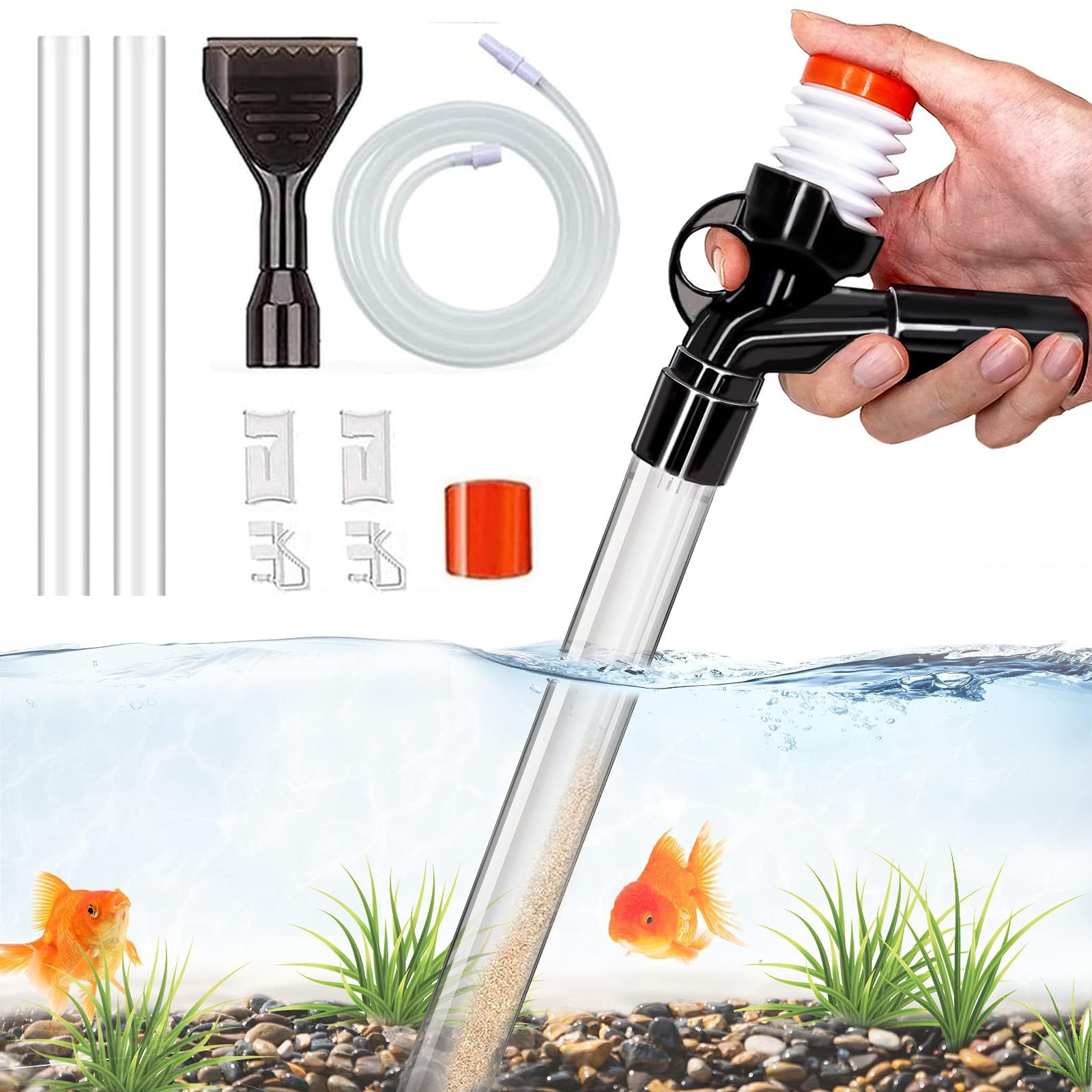 Fish Tank Aquarium Gravel Cleaner Kit Long Nozzle Water Changer for Water Changing and Filter Gravel Cleaning with Air-Pressing Button and Adjustable Water Flow Controller, 5 in 1 Quick Water Changer