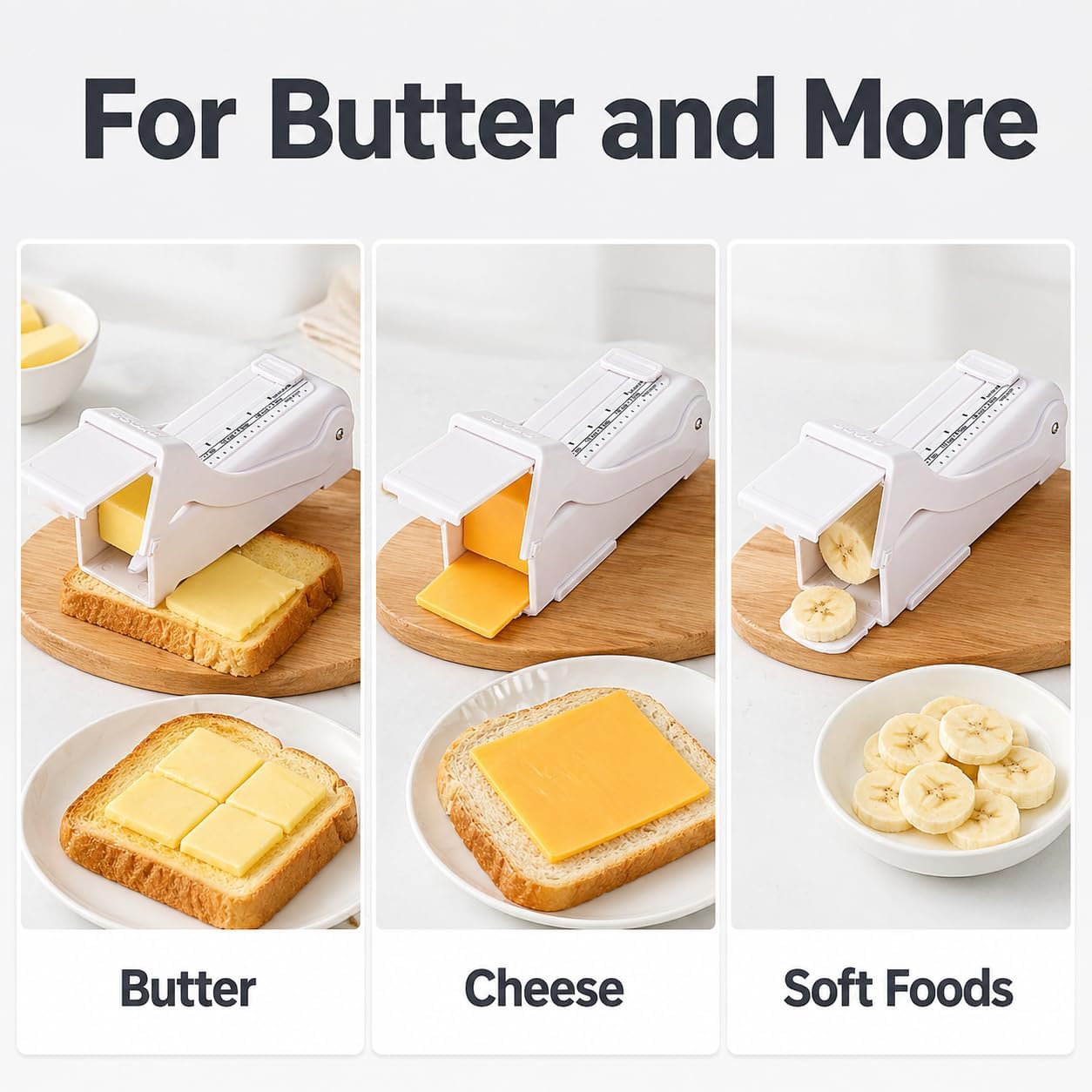 Butter Slicer and Dispenser, Adjustable Cutter for Stick Butter, White | ABS body with stainless steel wire; measuring marks; storage case use; includes replacement scale strip.