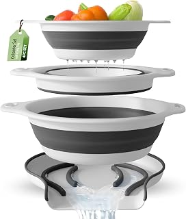 Gevoli Collapsible Colanders 3-Pack with Self-Draining Base - 3QT, 4QT, 5QT Sizes for Pasta, Fruits, Veggies - Space-Saving Strainers