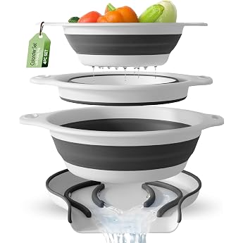 GEVOLI Foldable Silicone Strainer Set with Water Drain Base for Sink Rim - Foldable Kitchen Strainers for Draining Pasta Vegetables and Fruit Space Saving for Kitchen & Camping White 3L 4L & 5L