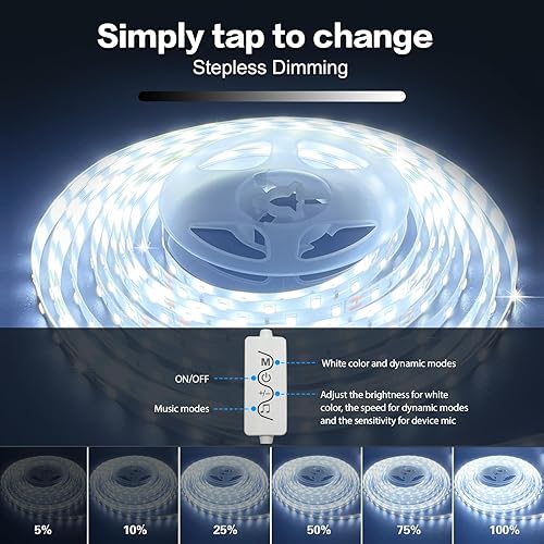 Miniatura 3 de Tira de luces LED blancas con sincronización de música de 16.4 pies, 6500 K, tira de luz LED súper brillante, luz diurna blanca, 300 LED, luces LED