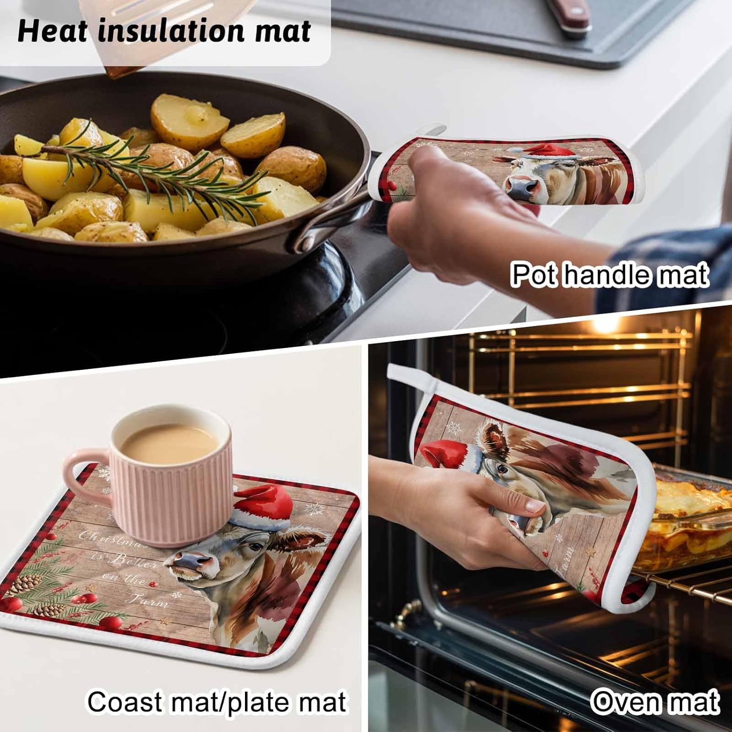5 Pack Pot Holders for Kitchen, Red Christmas Hot Pads for Kitchen Countertops Oven Pot Holder Bulk, Cow Snowflake Red Plaid Farmhouse Wooden Winter Heat Insulation Potholders with Hanging Loops