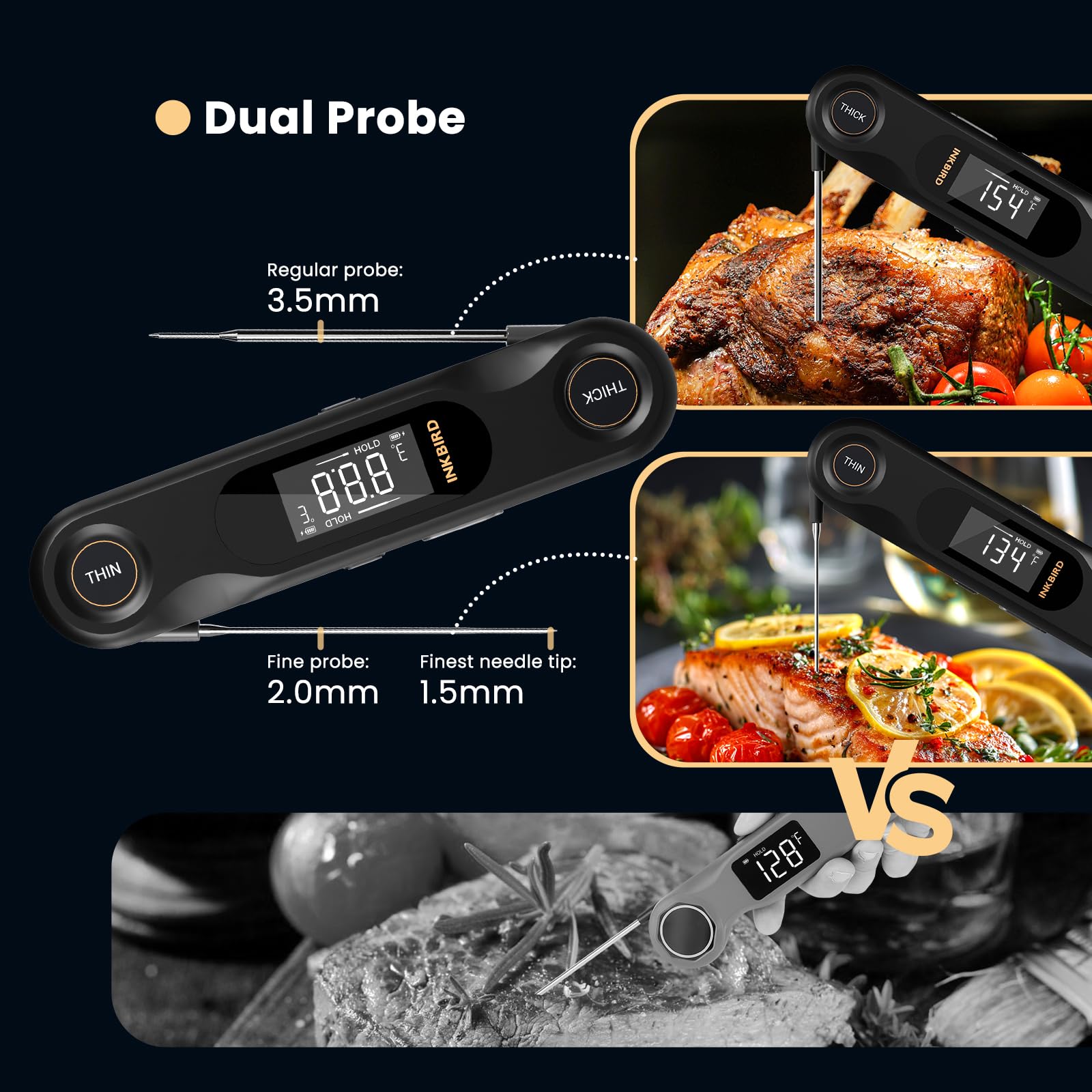 INKBIRD Thermomètre à viande à lecture instantanée à double sonde, 0,5 s, thermomètre numérique rechargeable pour la cuisson avec écran LCD, thermomètre de cuisine étanche avec aimants, gril, bonbons