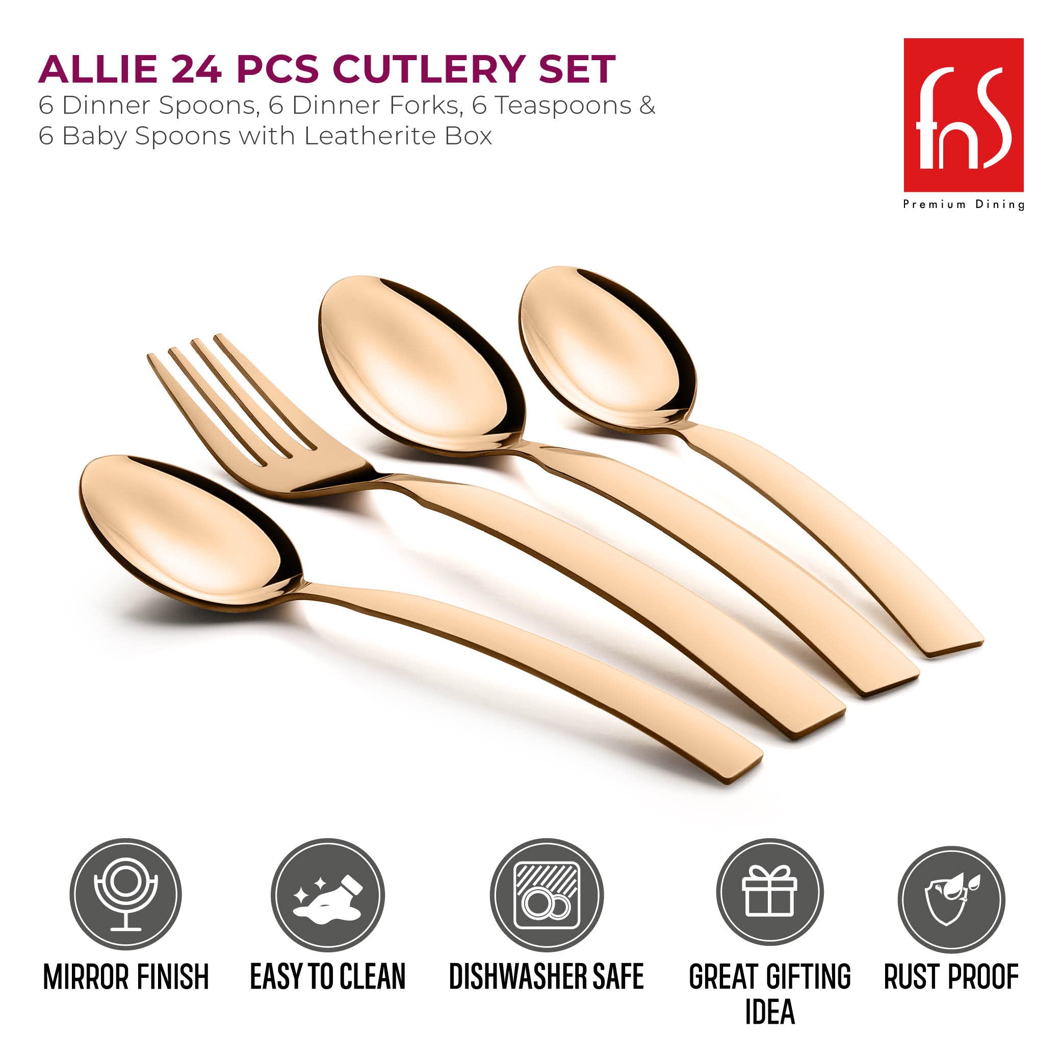 FnS Allie Rose Gold Cutlery Set - 24 Piece Stainless Steel -3