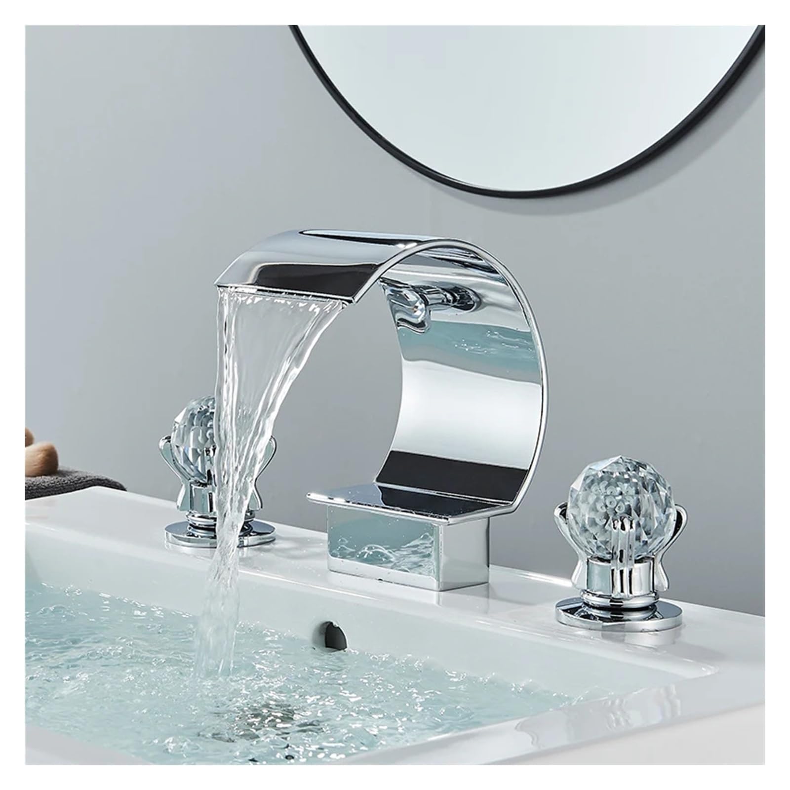 Robinet mitigeur lavabo cascade 3 trous à double poignée cristal