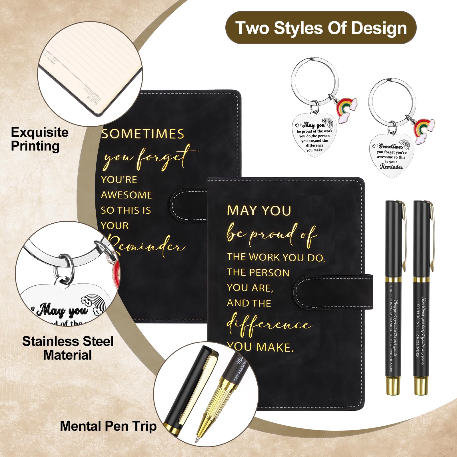 HAOWANWW 6 Pcs Employee Appreciation Gift A5 Black Leather Notebook Pen Keyring Set Inspirational Personalised Stationery Gifts Journal Notebook Bulk New Job Gifts for Men Women Coworker Teacher - Image 3