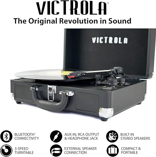 Miniatura 7 de Victrola Maleta portátil con Bluetooth vintage de 3 velocidades y estuche de almacenamiento y transporte de discos de vinilo vintage, se adapta a