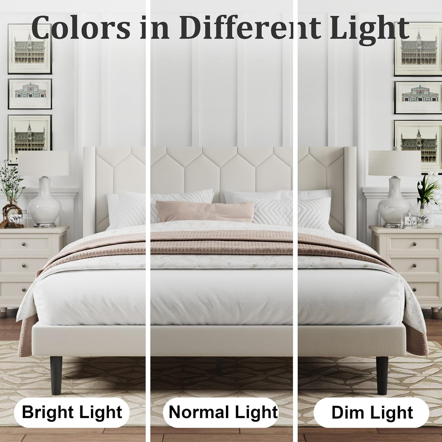 Queen Size Bed Frame with Headboard, Velvet Upholstered Platform Bed Frame No Box Spring Needed, Queen Sized Modern Bedframe with Strong Wooden Slats, Beige - Image 8