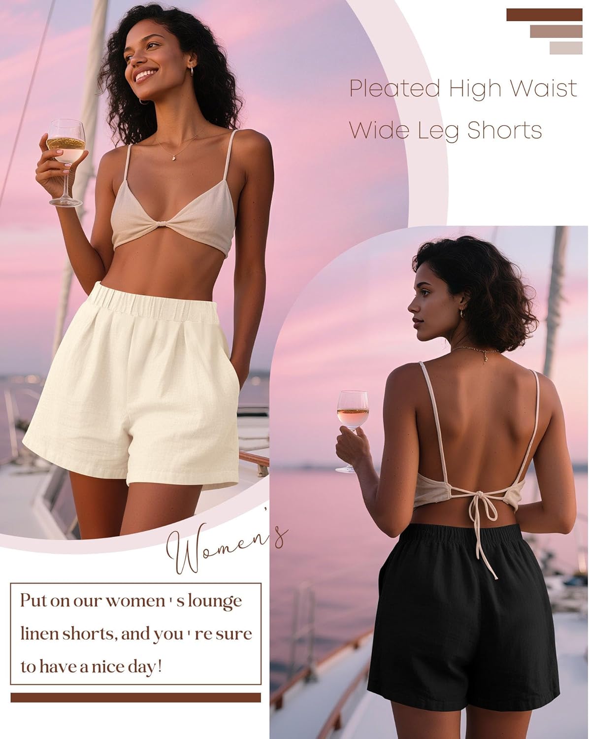 Ficerd 3 Pack Women's Casual Linen Shorts,Pleated High Waist Wide Leg Summer Elastic Comfy Trendy Shorts with Pockets - Image 5