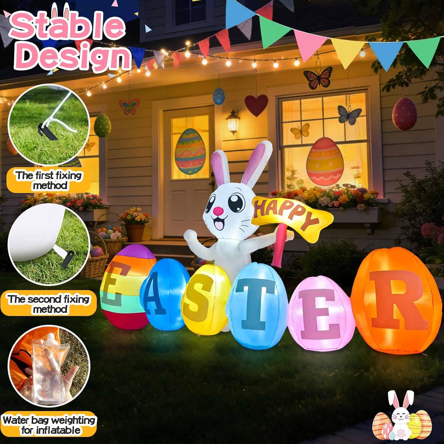 7FT Long Easter Inflatables Outdoor Decoration Inflatable Bunny with Happy Easter Built in LED Lights Bunny Blow Up Yard Decoration for Lawn Garden Holiday Party(with Storage Bag)