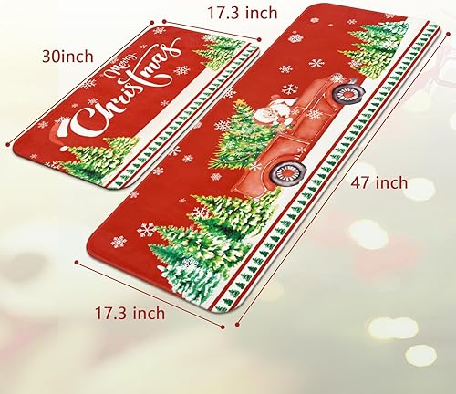Miniatura 5 de Yinhua Juego de 2 alfombras y tapetes de cocina de Navidad, antideslizantes, color rojo, para piso, camión de Papá Noel, árboles de Navidad, tapetes