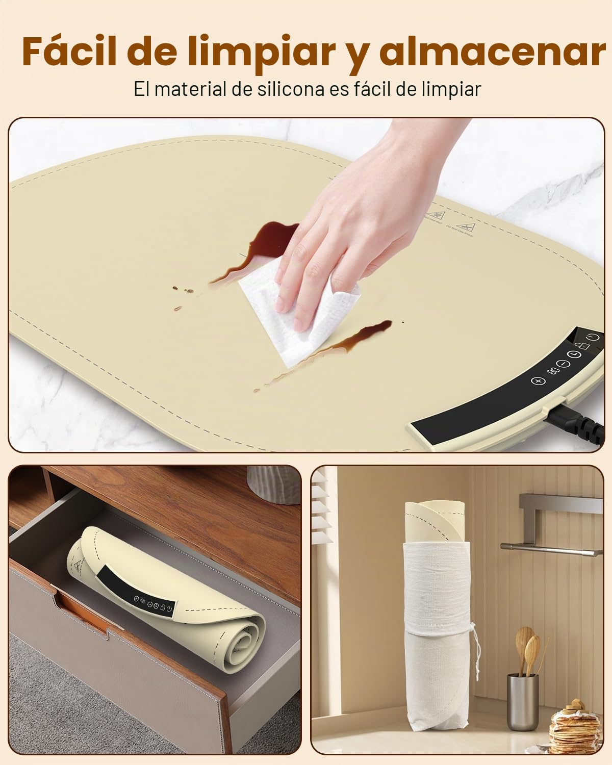 MQFORU Bandeja Calefactora Comida (60x40cm), Placa Calentadora Silicona Portátil Plegable con 7 Ajustes de Temperatura, Temporizador de 4 Horas y Bloqueo de Seguridad, Función de Bloqueo para Niños
