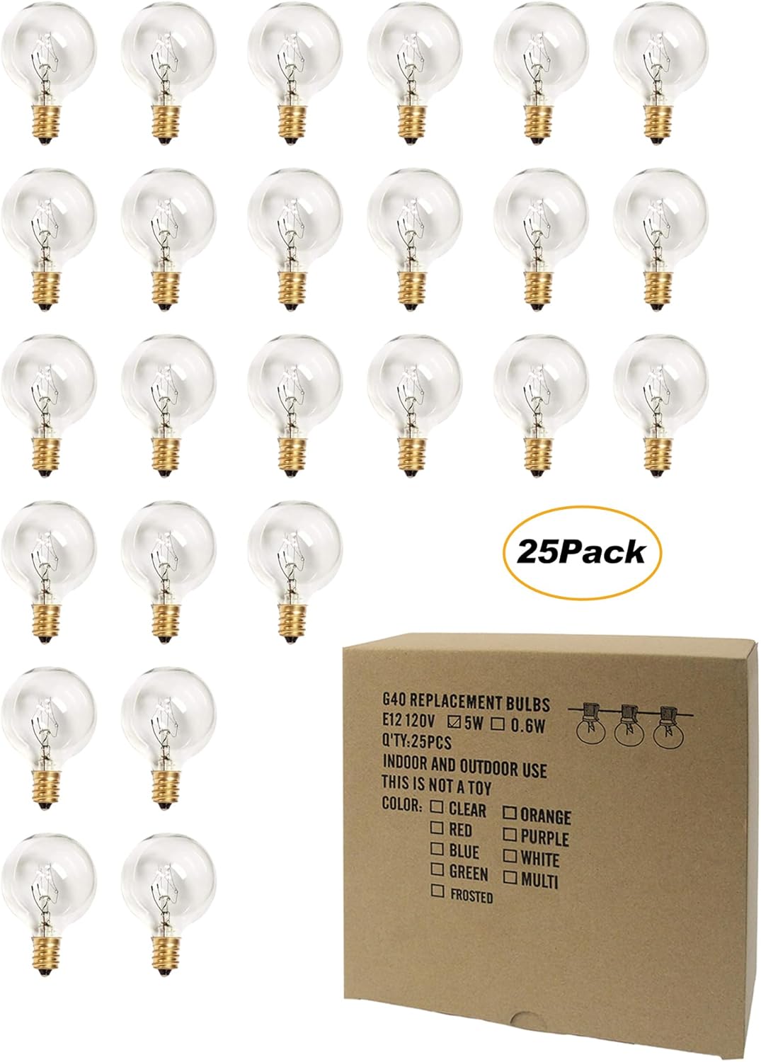 25-Pack G40 Globe Replacement Bulbs, Clear Glass Incandescent Light Bulbs for Outdoor String Lights, 5W Dimmable, E12 Candelabra Base, 2200K Warm White for Patio, Porch, Party & Cafe Lighting