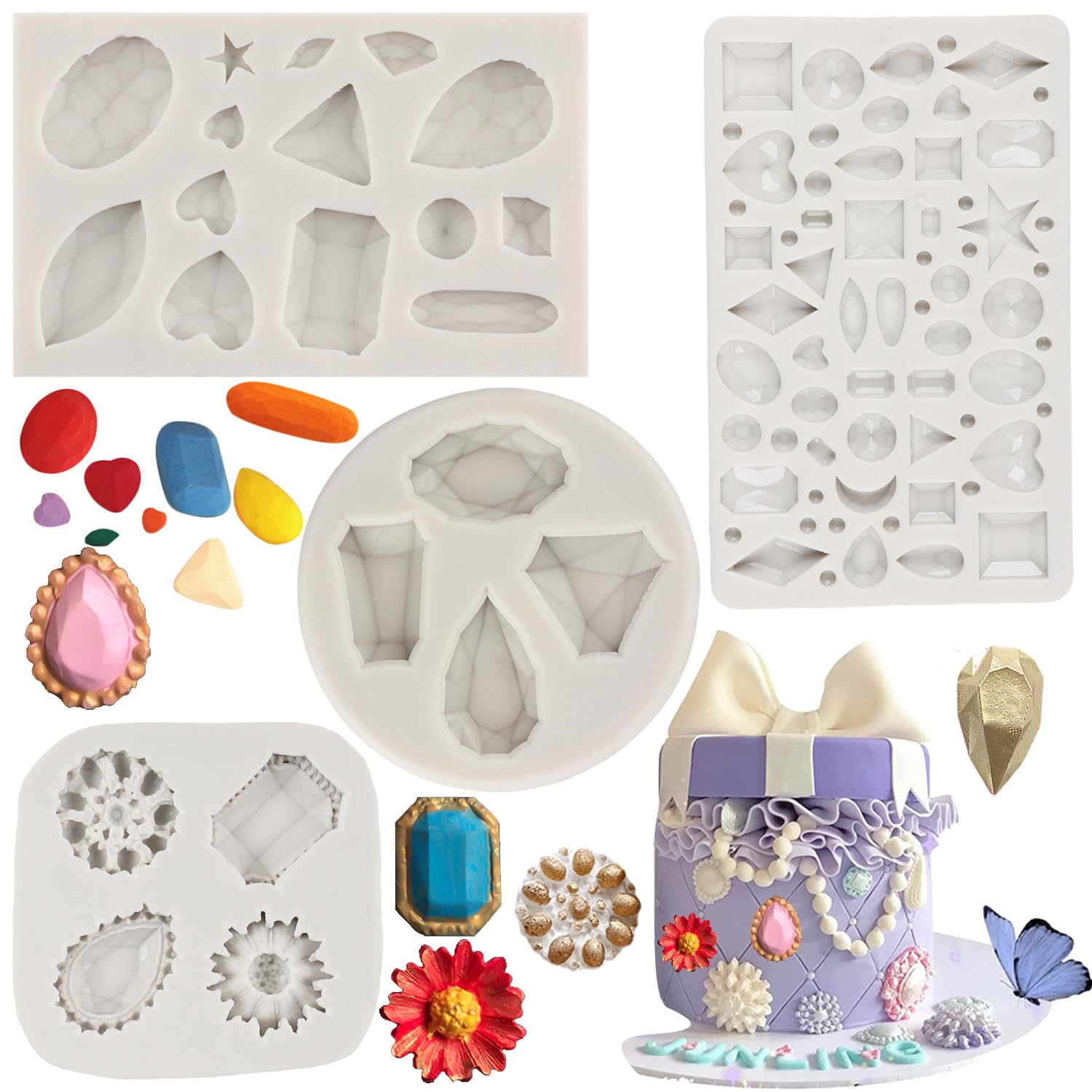 Gems - Juego de 4 moldes de silicona para fondant con forma de diamante para decoración de pasteles, cupcakes, chocolate, caramelos, arcilla polimérica, pasta de goma