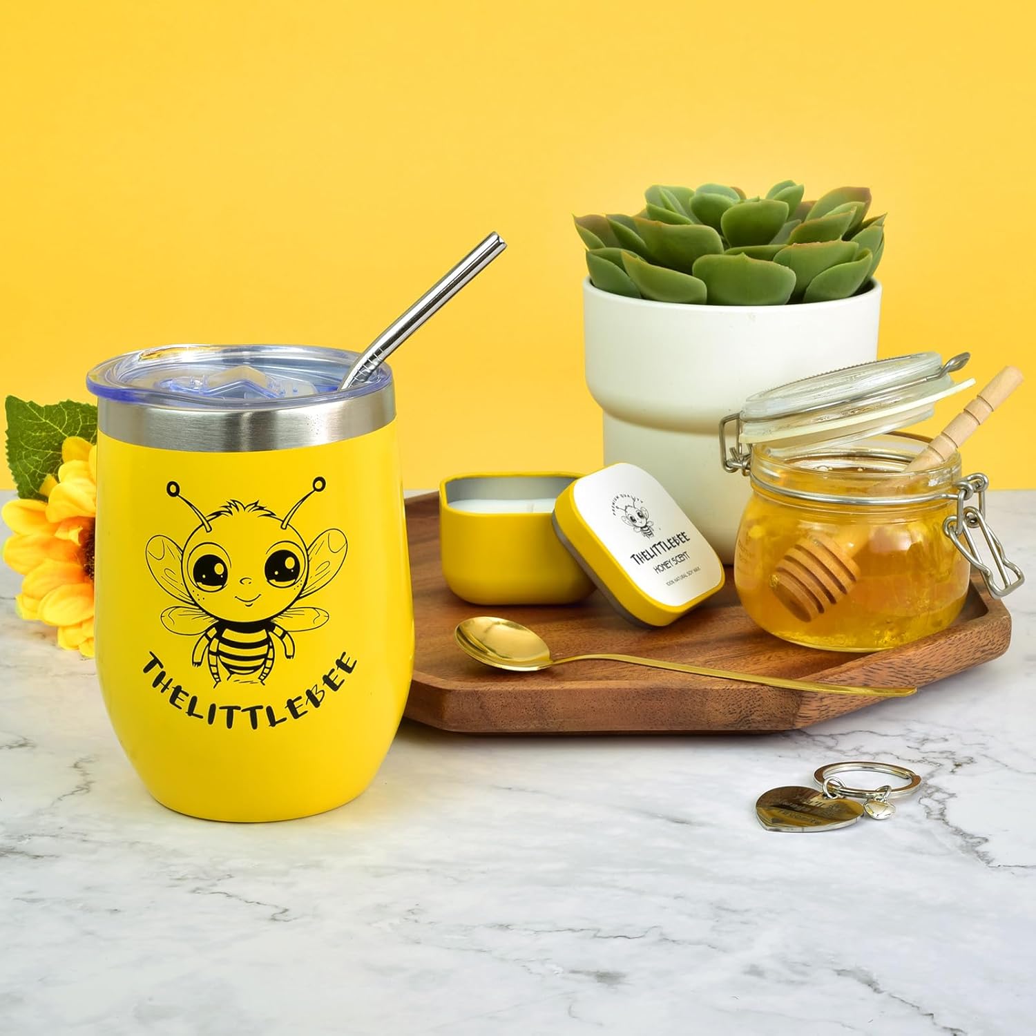 AMIND The Little Bee Yellow Gift Box for Women with Honey Scent Candle and Soap, Chamomile Bath Bomb, Shower Steamers, Cozy Throw Blanket, Yellow Tumbler, Heart Key Chain, Greeting Card and Gift Bag - Image 4