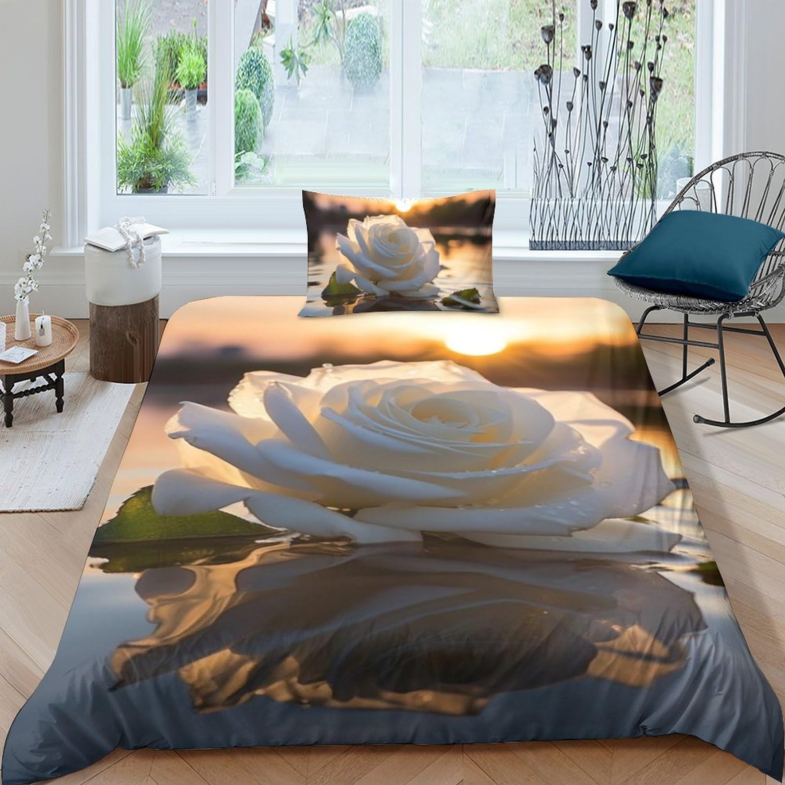 Housse de couette rose imprimée 135x200 parure de lit microfibre avec taie d'oreiller