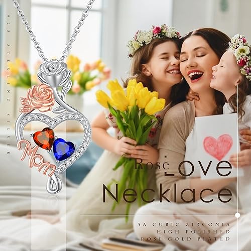 Miniatura 7 de Collar de corazón para mujer con dije de corazón de 14 quilates, oro rosa, oro blanco, doble piedra natal, día de la madre, aniversario, día de San