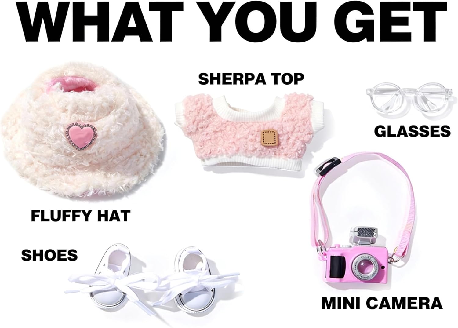 5-Piece Outfit Set for 17cm Plush Pendants - Fluffy Bucket Hat & Pink Top with Mini Camera, Glasses, Shoes - DIY Kawaii Accessories for 6.7" Vinyl-Face Monster Art Toys (Style B)
