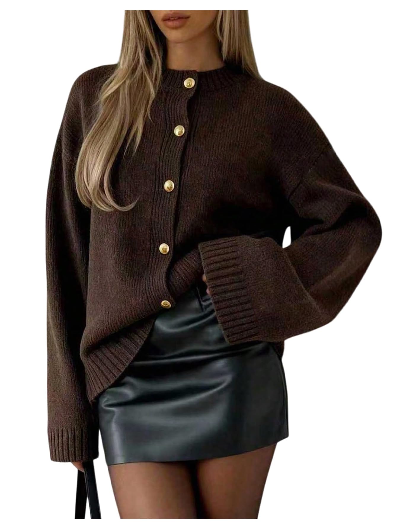 MakeMeChic Womens Button Up Cardigan Long Sleeve Crewneck Knit Old Money Sweaters