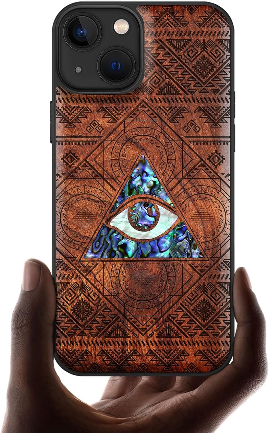 Carveit Designer Wooden Protective Case for iPhone 13 Magnetic Cover [Wood Engraving & Shell Inlay] Compatible with iPhone 13 MagSafe (The Tribal Manta Rays-Cherry)