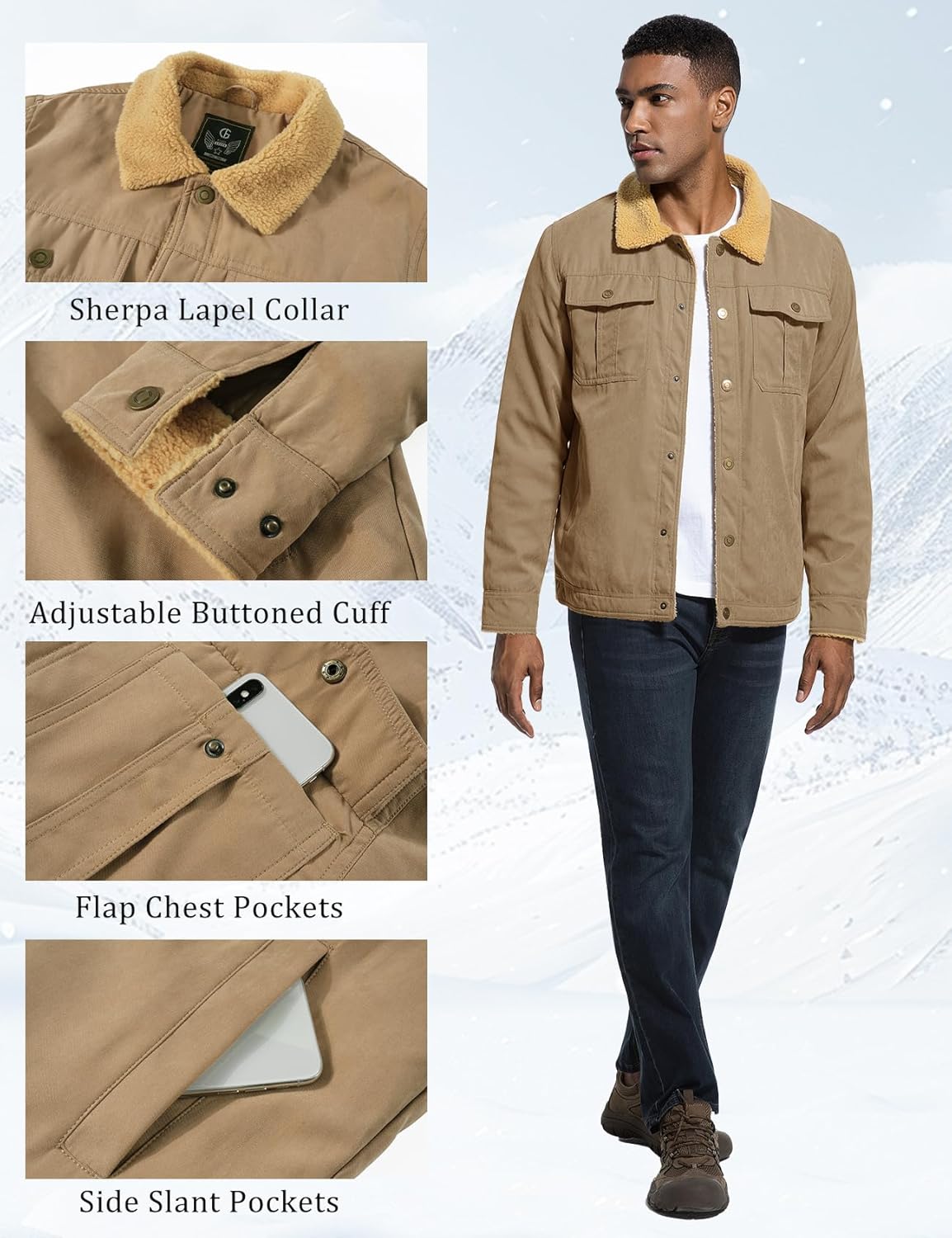 Flygo Men's Winter Jackets Sherpa Lined Fleece Trucker Jacket Thick Warm Lapel Work Cargo Coat Outerwear - Image 6