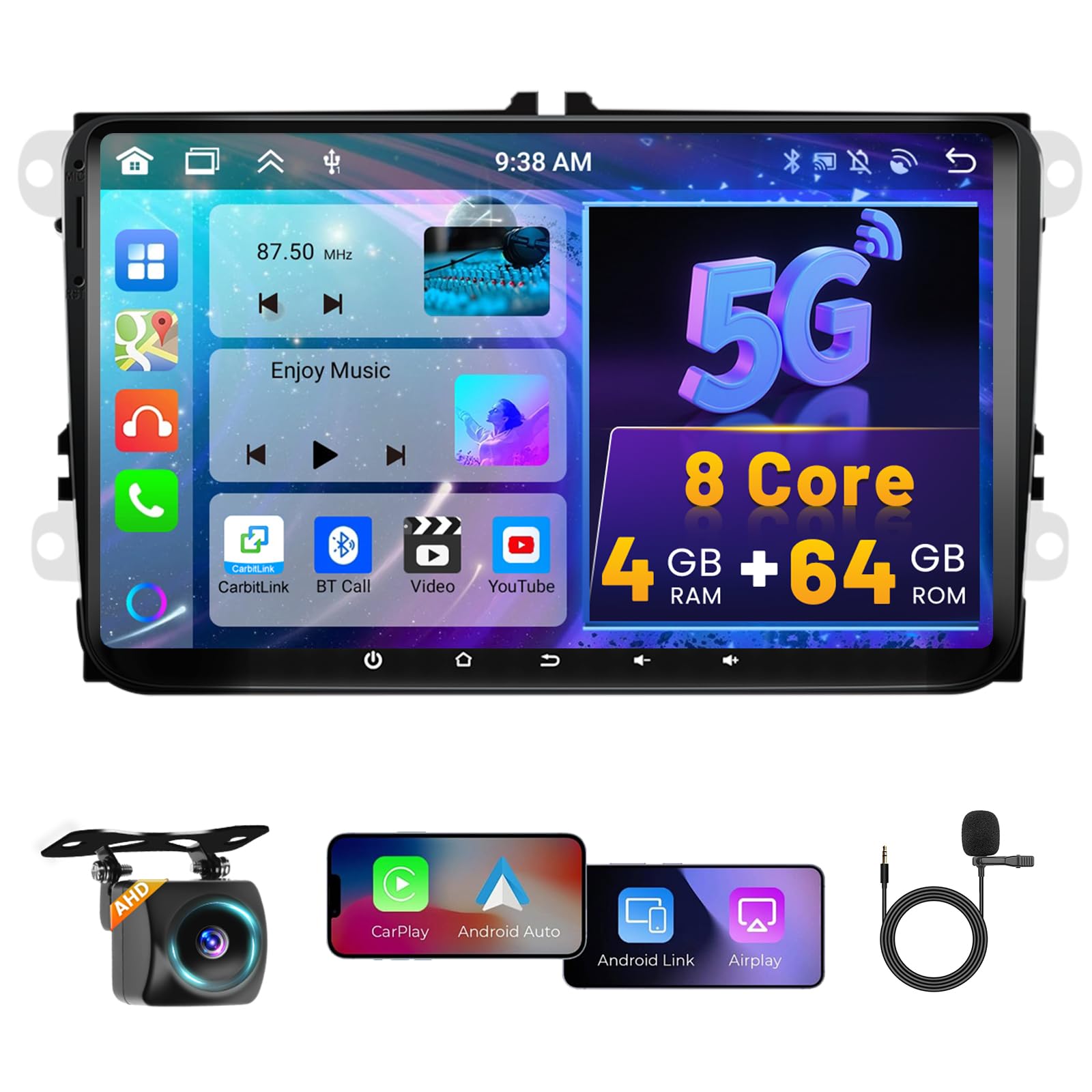 4+64G 9" Radio para VW Golf 5 Golf 6 Polo Skoda Passat Tiguan Touran | Wireless Autoradio 2 DIN GPS Navi Bluetooth WiFi FM/RDS Cámara Trasera EQ Control del Volante 4+64G