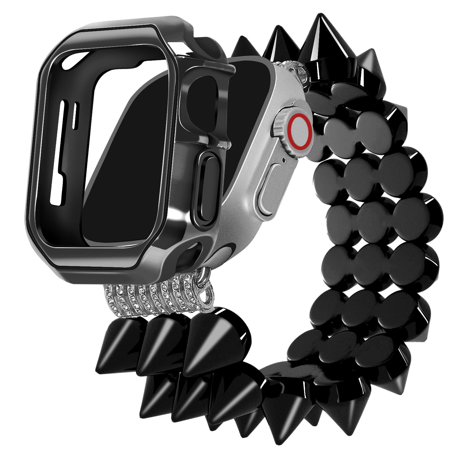 VIQIV Compatible with Apple Watch Ultra 2 Band 41/40/38/44/45/49/42mm Women Men with Protective Case, Dressy Gothic Punk Metal Stretchy Strap Rivets