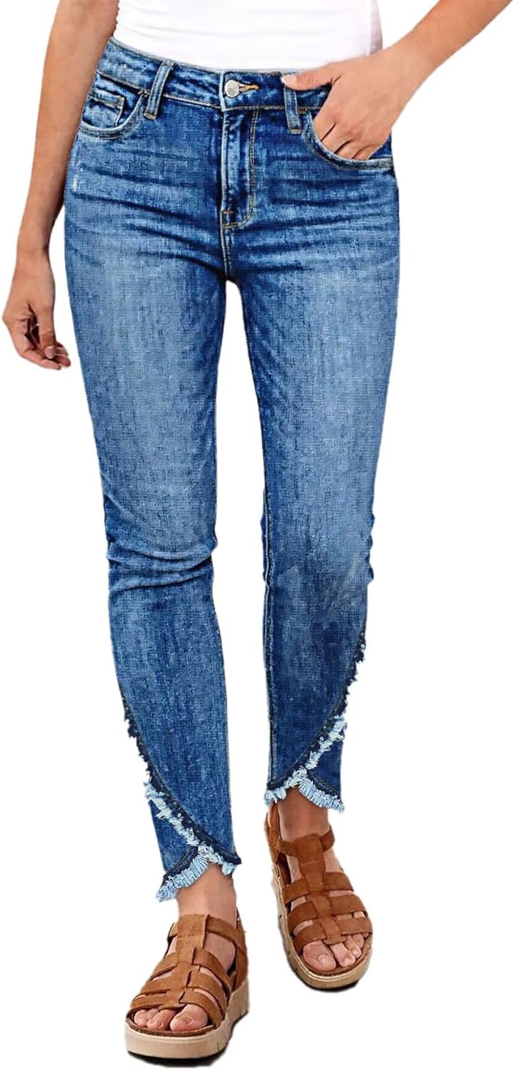 Flamingals High Waisted Cropped Skinny Jeans for Women Stretchy Raw Hem Asymmetrical Wash Curvy Western Denim Jeans