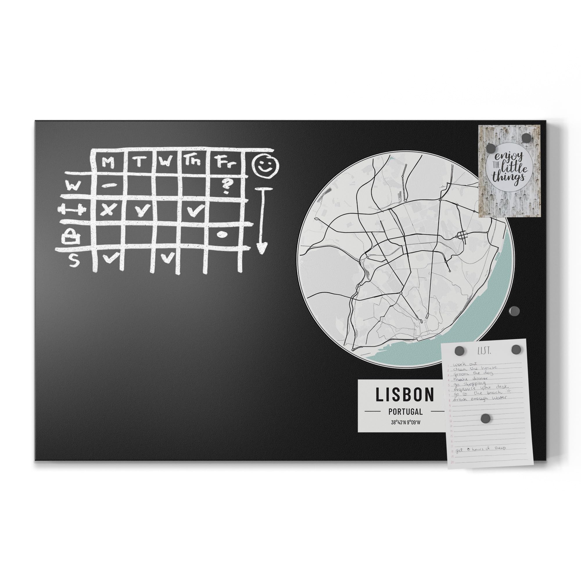 DEQORI Magnetische Kreidetafel mit UV-Druck | Motiv Stadtplan Lisbon | Design rechteckig 60x40 cm | Kreide Metalltafel beschreibbar – Wanddeko für Küche, Flur, Kinderzimmer & Büro