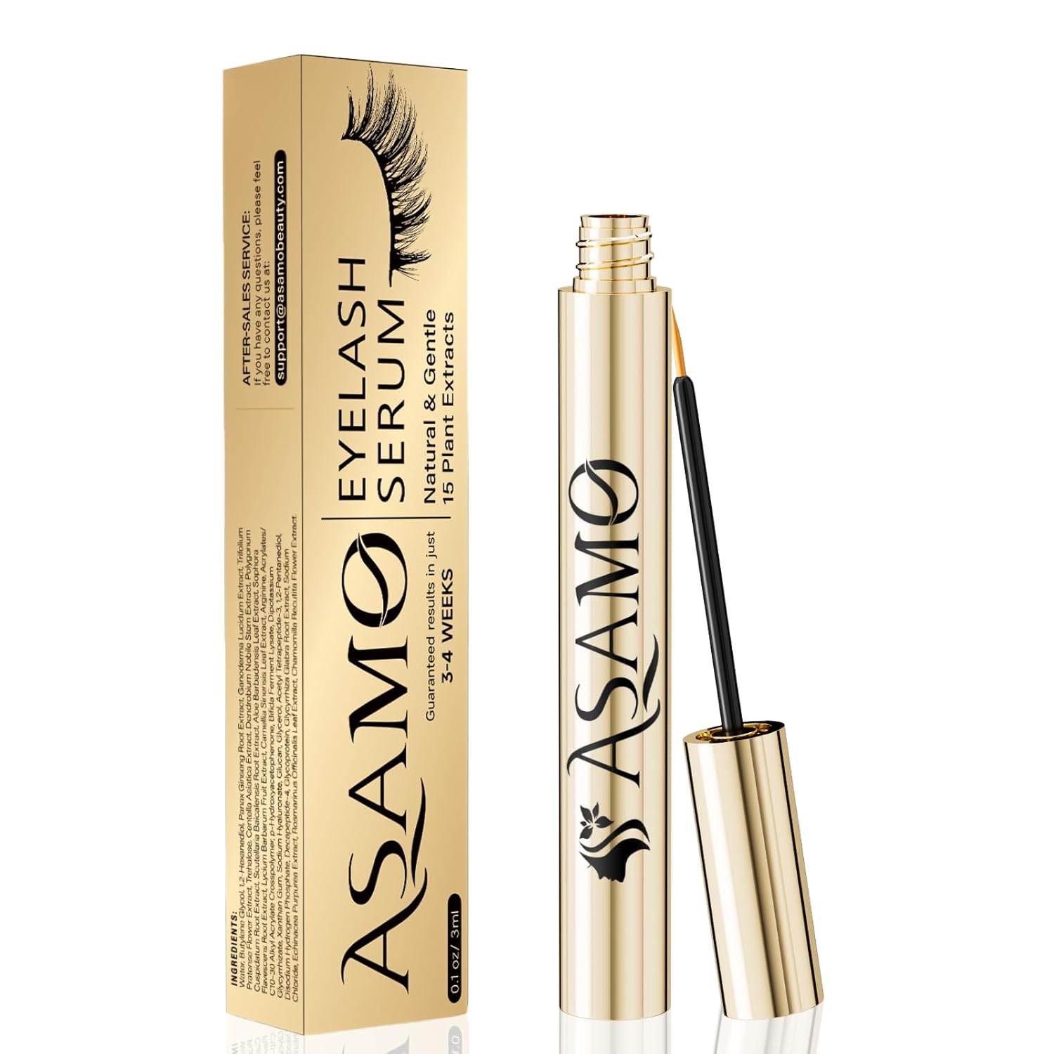 BRIGHT GOLD Eyelash Growth Serum – 15 Plant Extracts for Longer, Denser & Robust Lashes, Boosts Natural Lash Development, Enhances Natural Beauty, Hypoallergenic & Oil Free